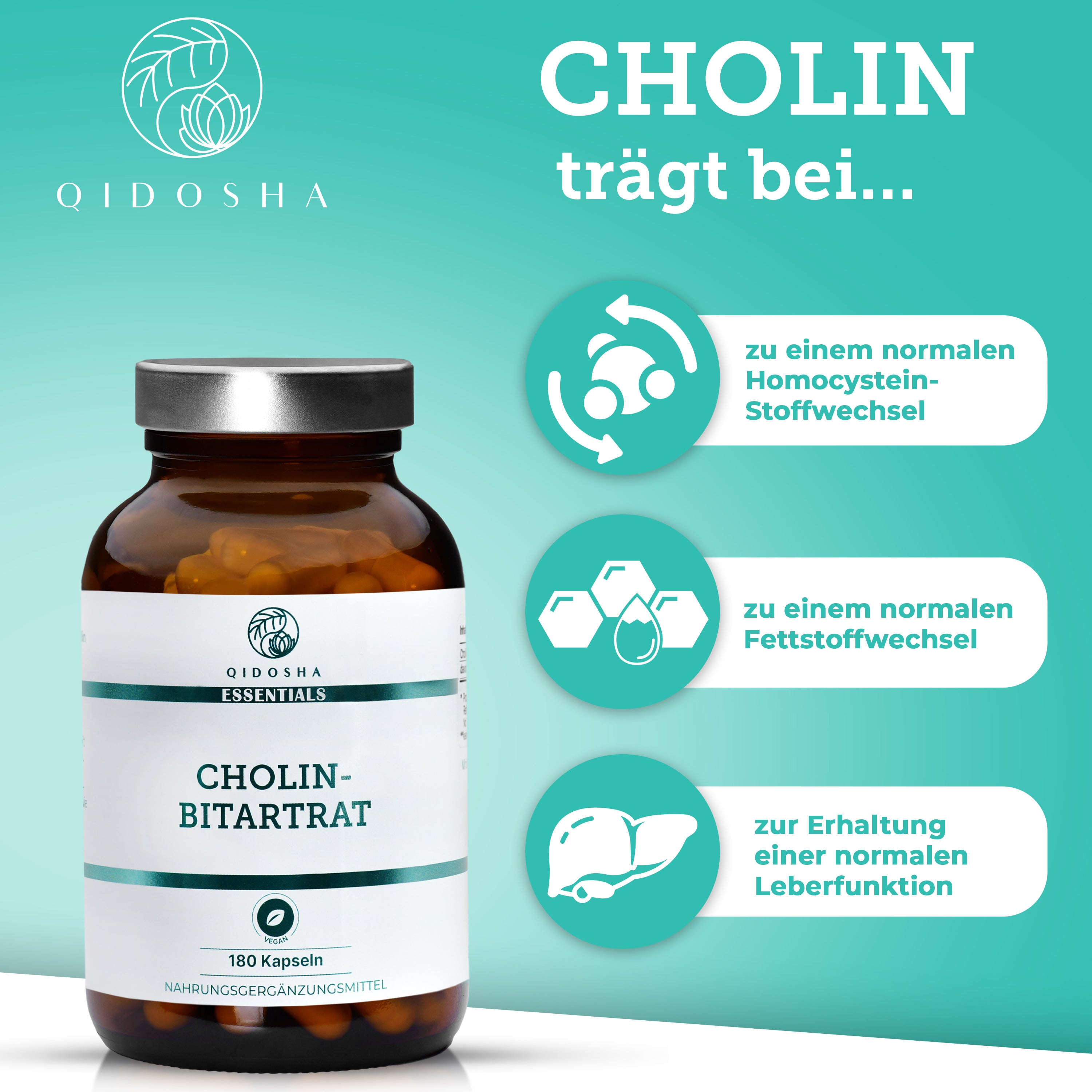 Cholin als Cholin-Bitartrat, Premium-Nahrungsergänzungsmittel von Qidosha Essentials, 180 vegane Kapseln, hohe Qualität, laborgeprüft, ohne Zusatzstoffe, in nachhaltigem Glas.