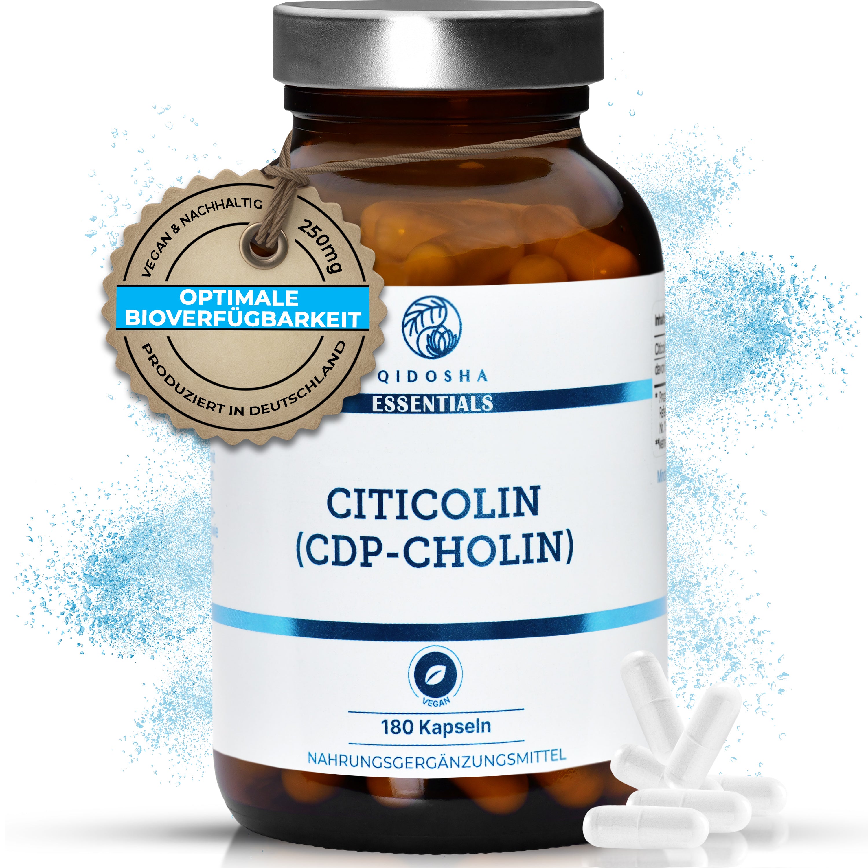 Cholin als Citicolin (CDP-Cholin) im Glas: Premium, vegane Kapseln, 250 mg, 180 Stück, hohe Qualität, laborgeprüft, ohne Füllstoffe, nachhaltige Verpackung, hergestellt in Deutschland.