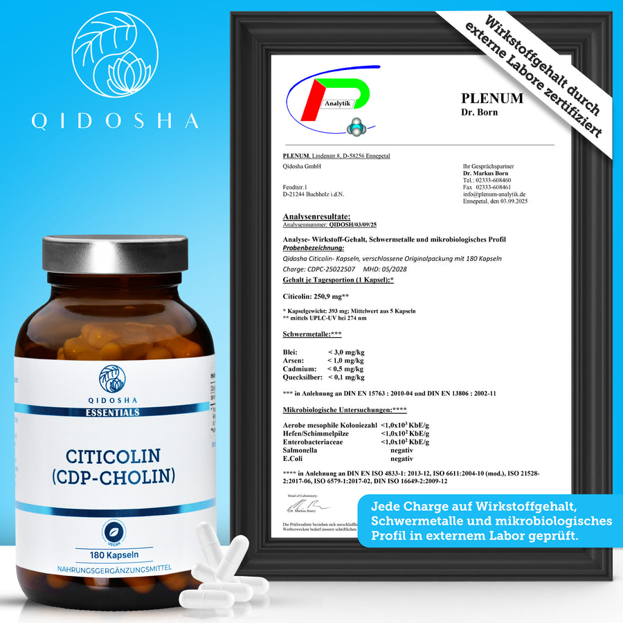 Cholin als Citicolin (CDP-Cholin) Premium-Diät-Ergänzung in laborgeprüfter Qualität. Hohe Bioverfügbarkeit, ohne Füllstoffe, in nachhaltigem Glasbehälter, 180 vegane Kapseln.