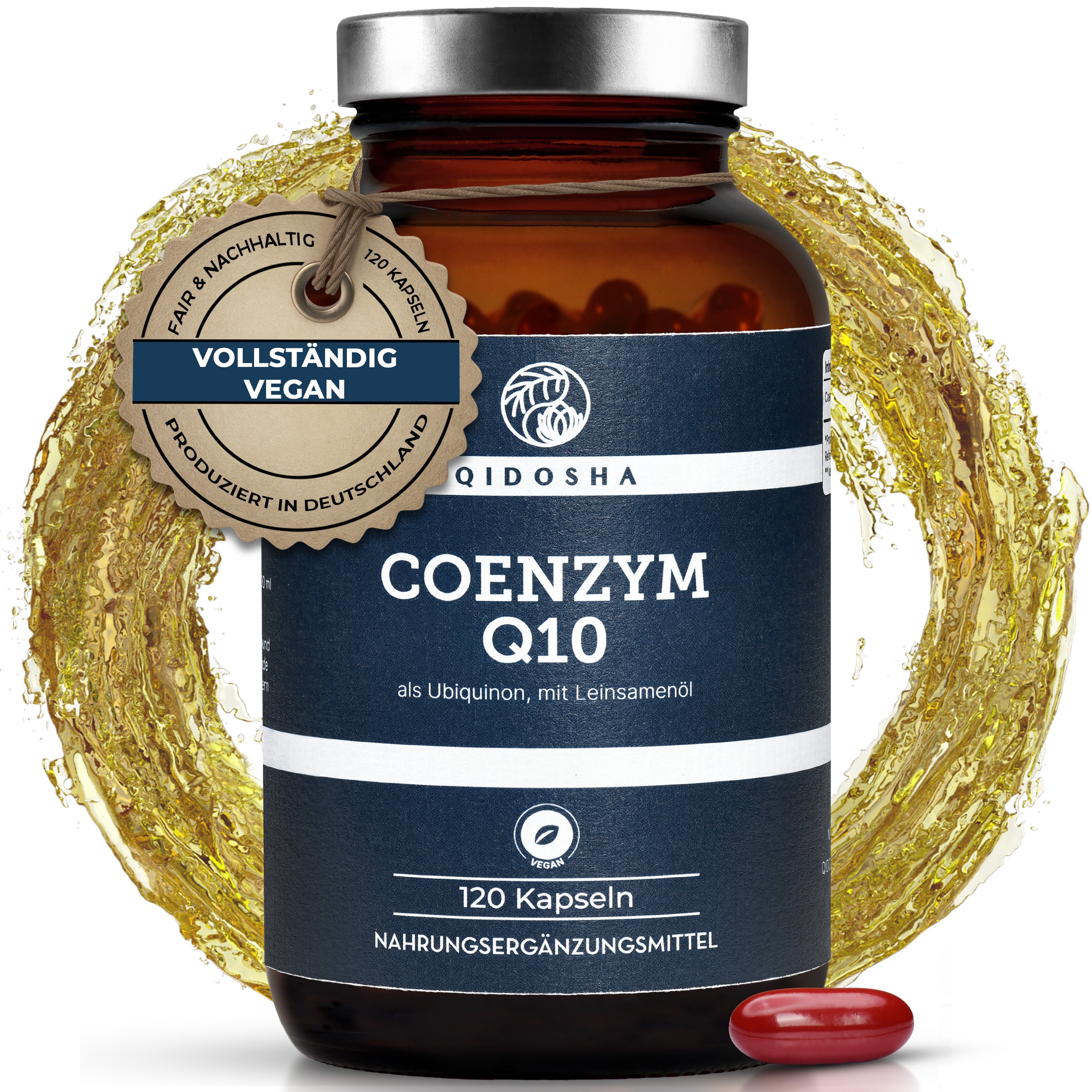 QIDOSHA Premium Coenzym Q10 als UBIQUINON mit Leinsamenöl, laborgeprüfte Qualität, vegan, ohne Füllstoffe, im nachhaltigen Apothekerglas mit roter Weichkapsel vorne.
