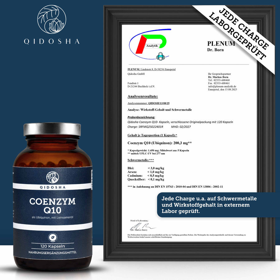 QIDOSHA Premium Coenzym Q10 als UBIQUINON mit Leinsamenöl, 120 laborgeprüfte Kapseln im Apothekerglas, garantiert ohne Füll- oder Zusatzstoffe, für optimale Bioverfügbarkeit.