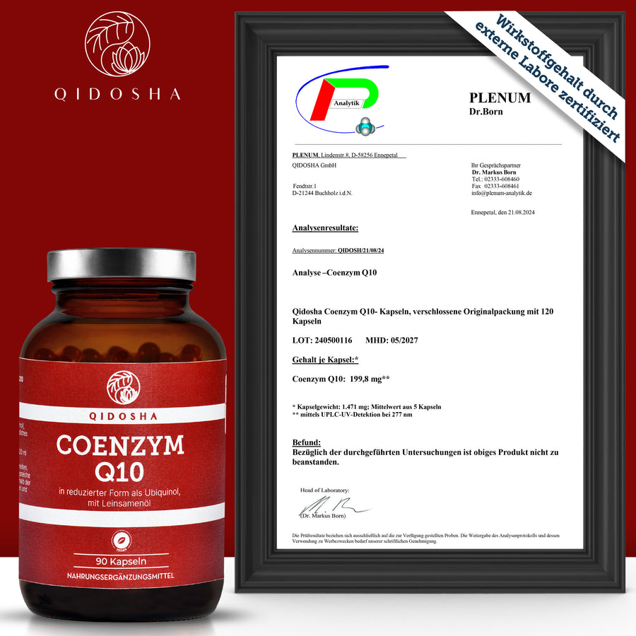 Coenzyme Q10 as UBIQUINOL with linseed oil in a glass