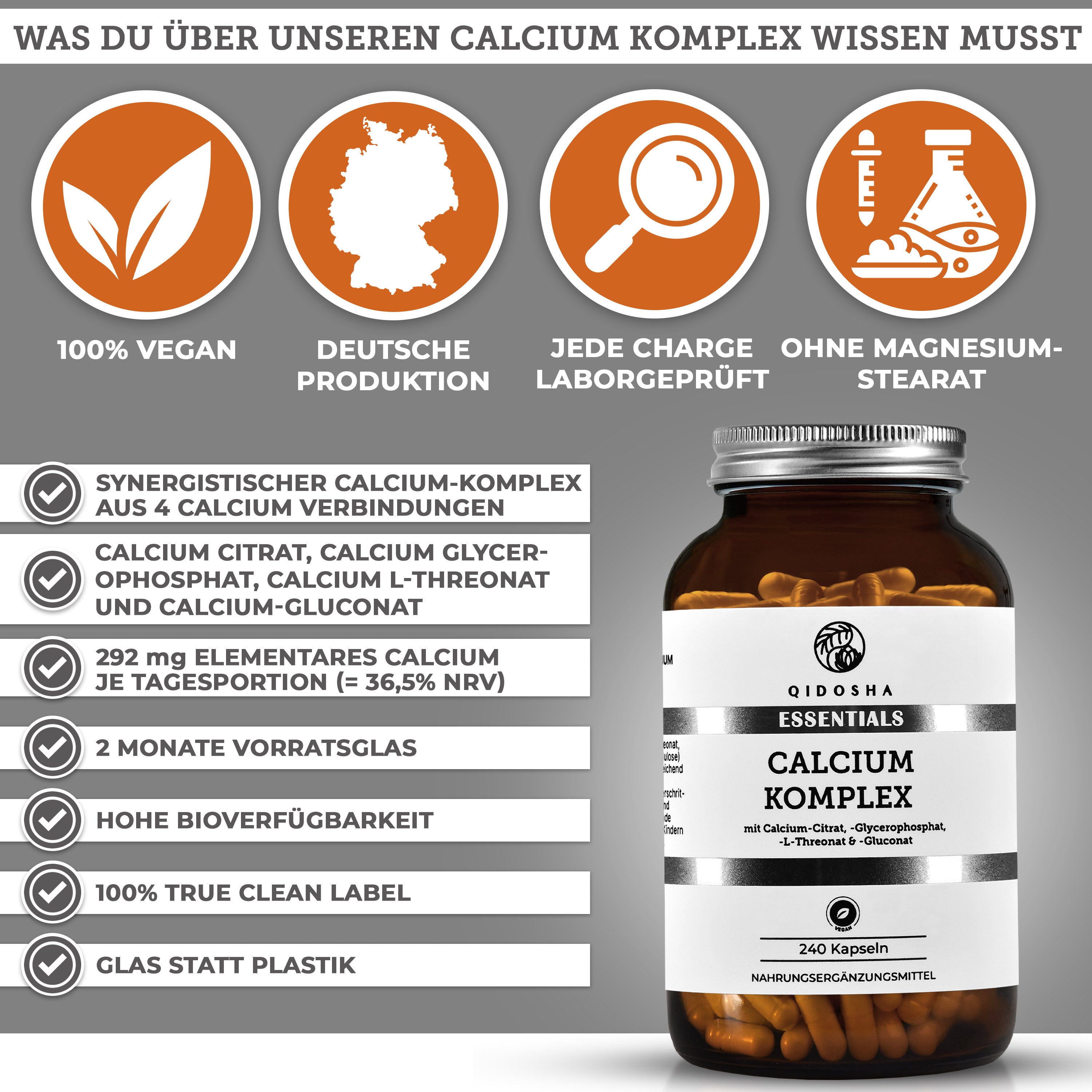 Calcium-Komplex von Qidosha: Premium, laborgeprüfter, veganer Calcium-Komplex in Glasverpackung, enthält vier Calciumverbindungen, hohe Bioverfügbarkeit, ohne Füllstoffe, Made in Germany.