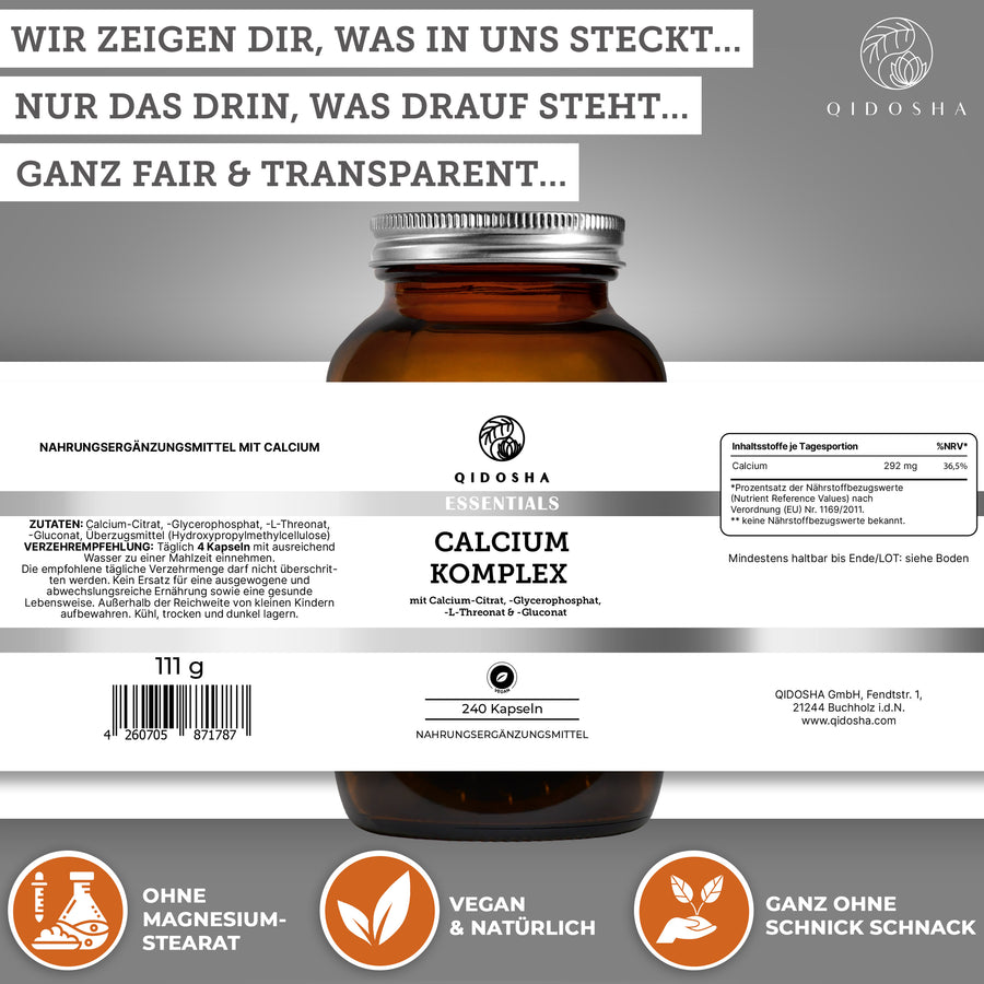 QIDOSHA ESSENTIALS Calcium-Komplex im Glas: Premium Nahrungsergänzungsmittel, vegan, laborgeprüft, ohne Füllstoffe, mit vier Calcium-Verbindungen. Nachhaltige Verpackung, 240 Kapseln. 