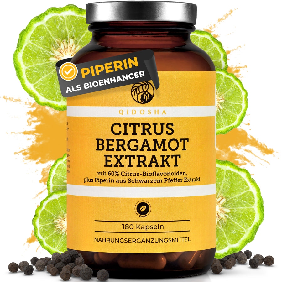 QIDOSHA Premium Citrus Bergamot Extrakt plus Piperin: Laborgeprüfte Qualität, 180 vegane Kapseln. Enthält 60% Bioflavonoide, ohne Füll- oder Zusatzstoffe, im lichtgeschützten Braunglas.