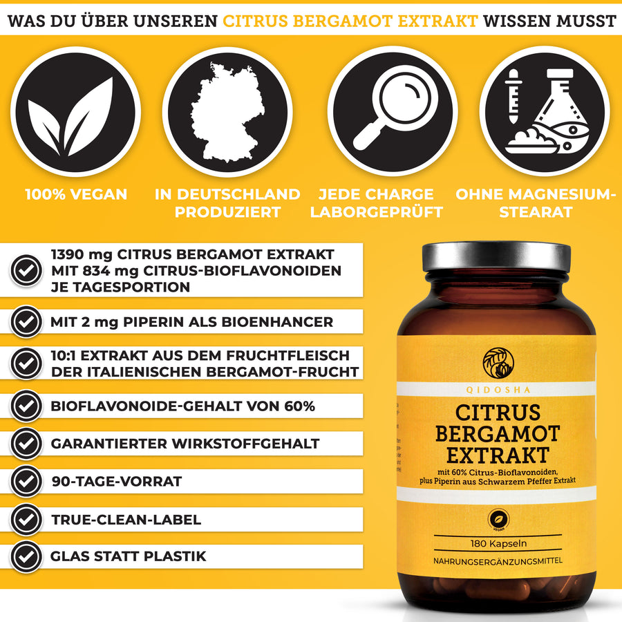 Citrus Bergamot (Zitrusbergamia) Extrakt plus Piperin: Premium, 100 % vegan, in Deutschland produziert, laborgeprüft, ohne Füllstoffe, True-Clean-Label, 180 Kapseln im Apothekerglas.