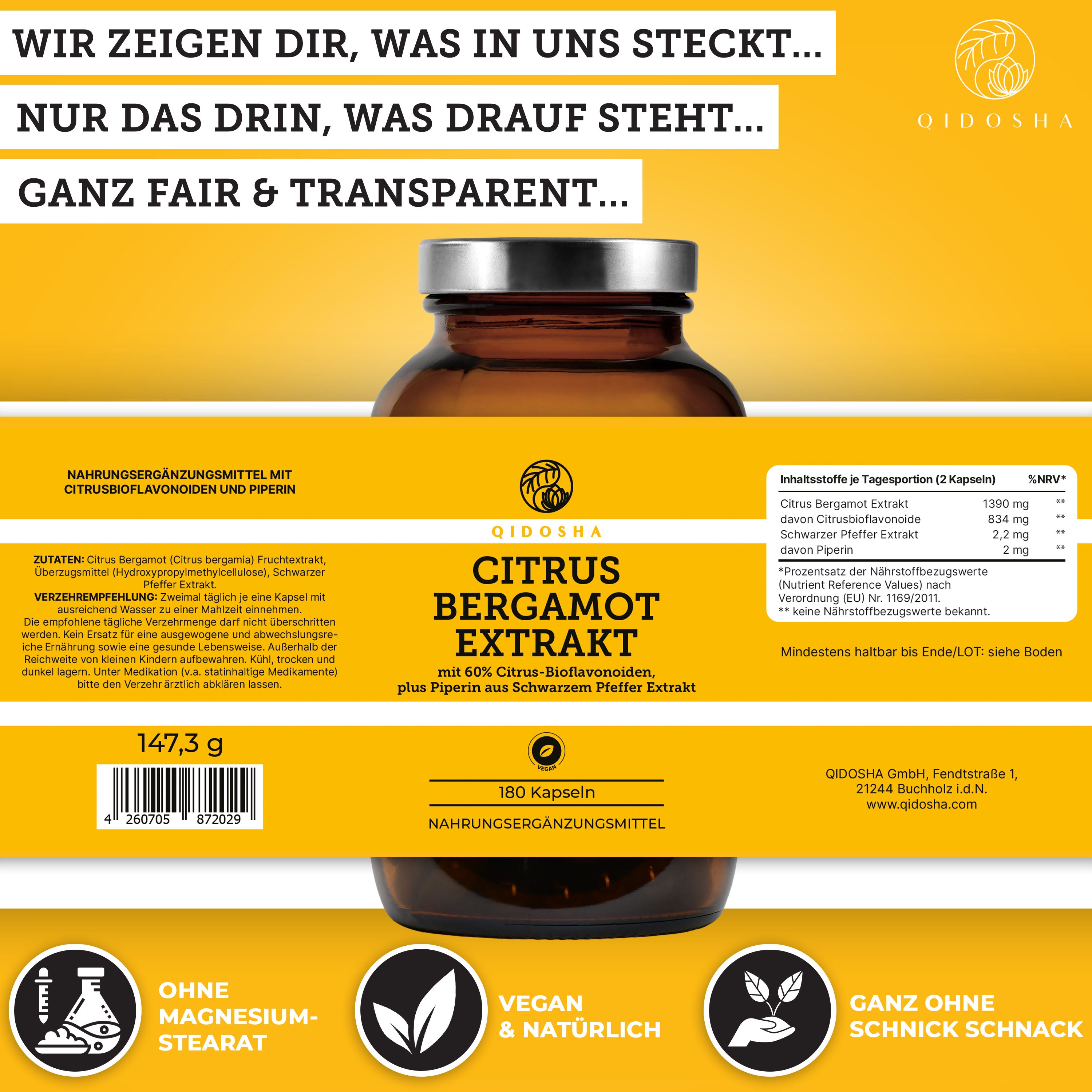 Qidosha Citrus Bergamot (Zitrusbergamia) Extrakt plus Piperin, 180 vegane Kapseln, Premium-Nahrungsergänzung, laborgeprüft, ohne Füllstoffe, in Glas verpackt, für 90 Tage.
