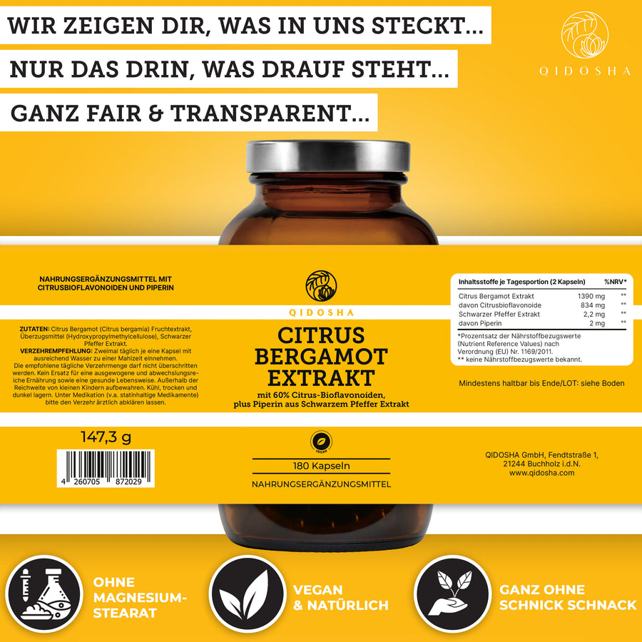 Qidosha Citrus Bergamot (Zitrusbergamia) Extrakt plus Piperin, 180 vegane Kapseln, Premium-Nahrungsergänzung, laborgeprüft, ohne Füllstoffe, in Glas verpackt, für 90 Tage.
