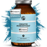 Creapure® Creatin Monohydrat: Premium-Dosierung in 240 veganen Kapseln, hochreines und laborgeprüftes Creatin aus Deutschland, ohne Füllstoffe, in umweltfreundlichem Glasbehälter.