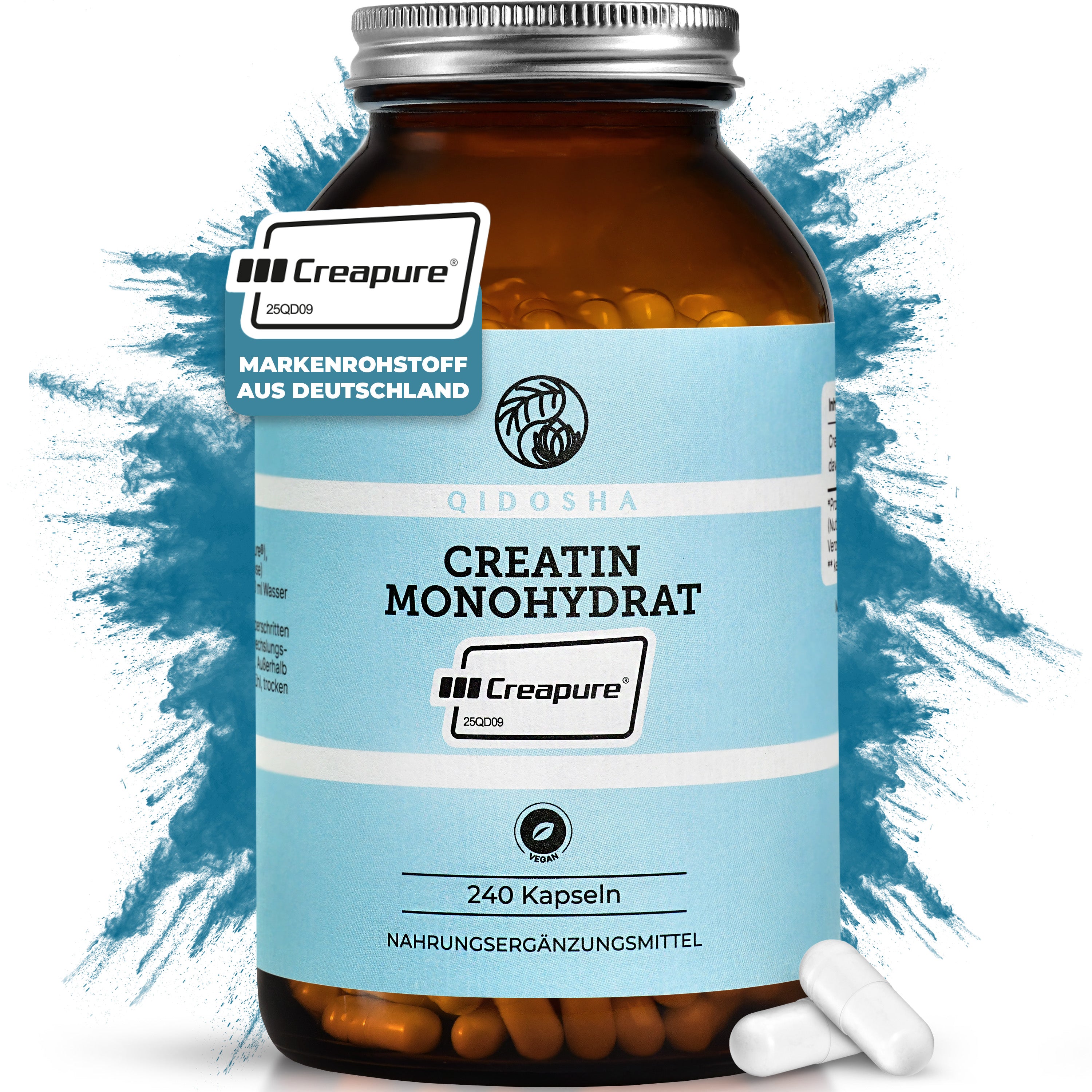 Creapure® Creatin Monohydrat: Premium-Dosierung in 240 veganen Kapseln, hochreines und laborgeprüftes Creatin aus Deutschland, ohne Füllstoffe, in umweltfreundlichem Glasbehälter.