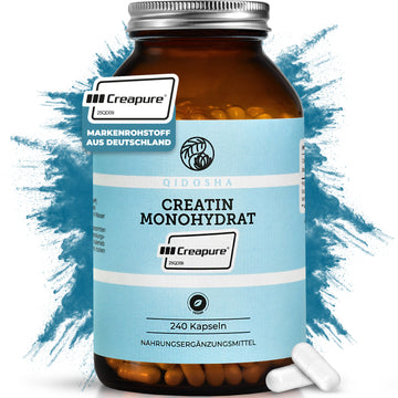 Creapure® Creatin Monohydrat: Premium-Dosierung in 240 veganen Kapseln, hochreines und laborgeprüftes Creatin aus Deutschland, ohne Füllstoffe, in umweltfreundlichem Glasbehälter.