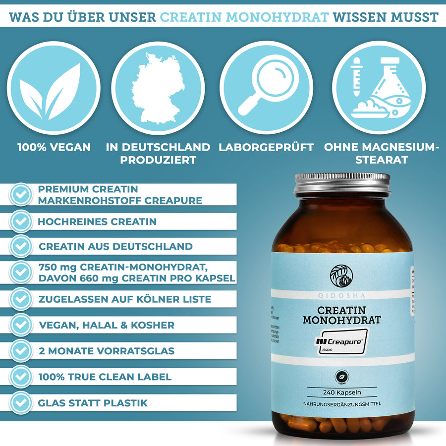 Creapure® Creatin Monohydrat: Premium, laborgeprüftes Nahrungsergänzungsmittel aus Deutschland, vegan, ohne Füllstoffe, in umweltfreundlichem Glasbehälter, 240 Kapseln, zwei Monate Vorrat.