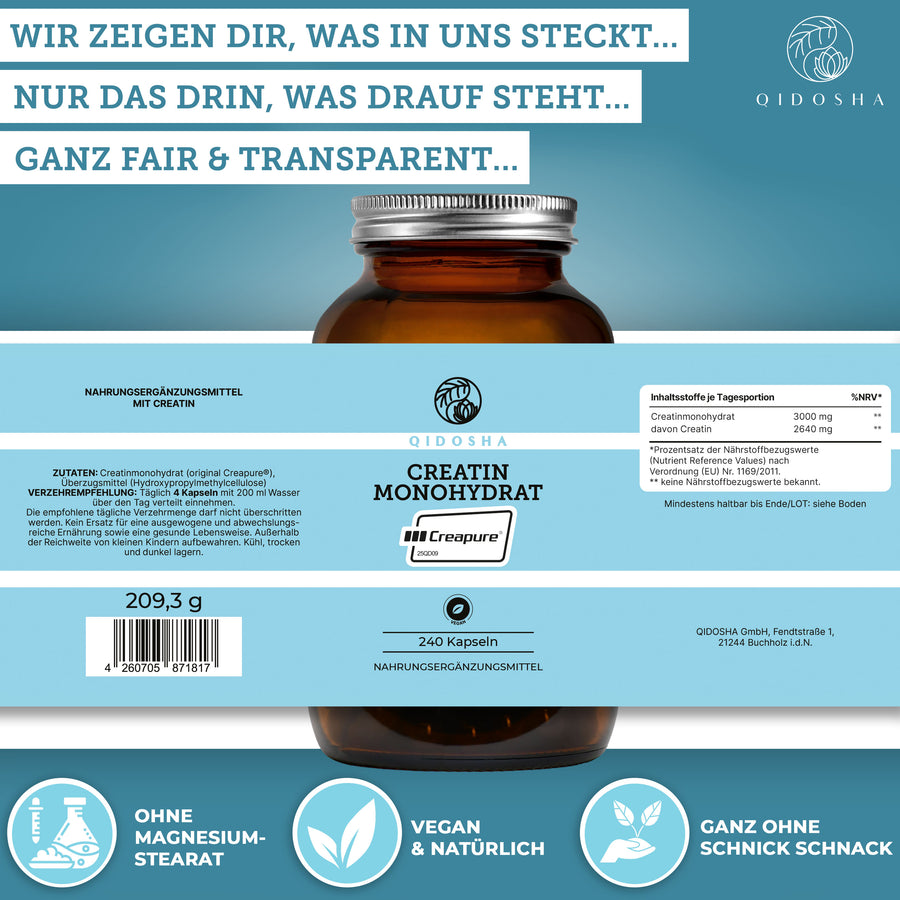 QIDOSHA Creapure® Creatin Monohydrat in 240 veganen Kapseln, laborgeprüft und ohne Zusatzstoffe. Premium Qualität, hergestellt in Deutschland, für optimale Leistung.