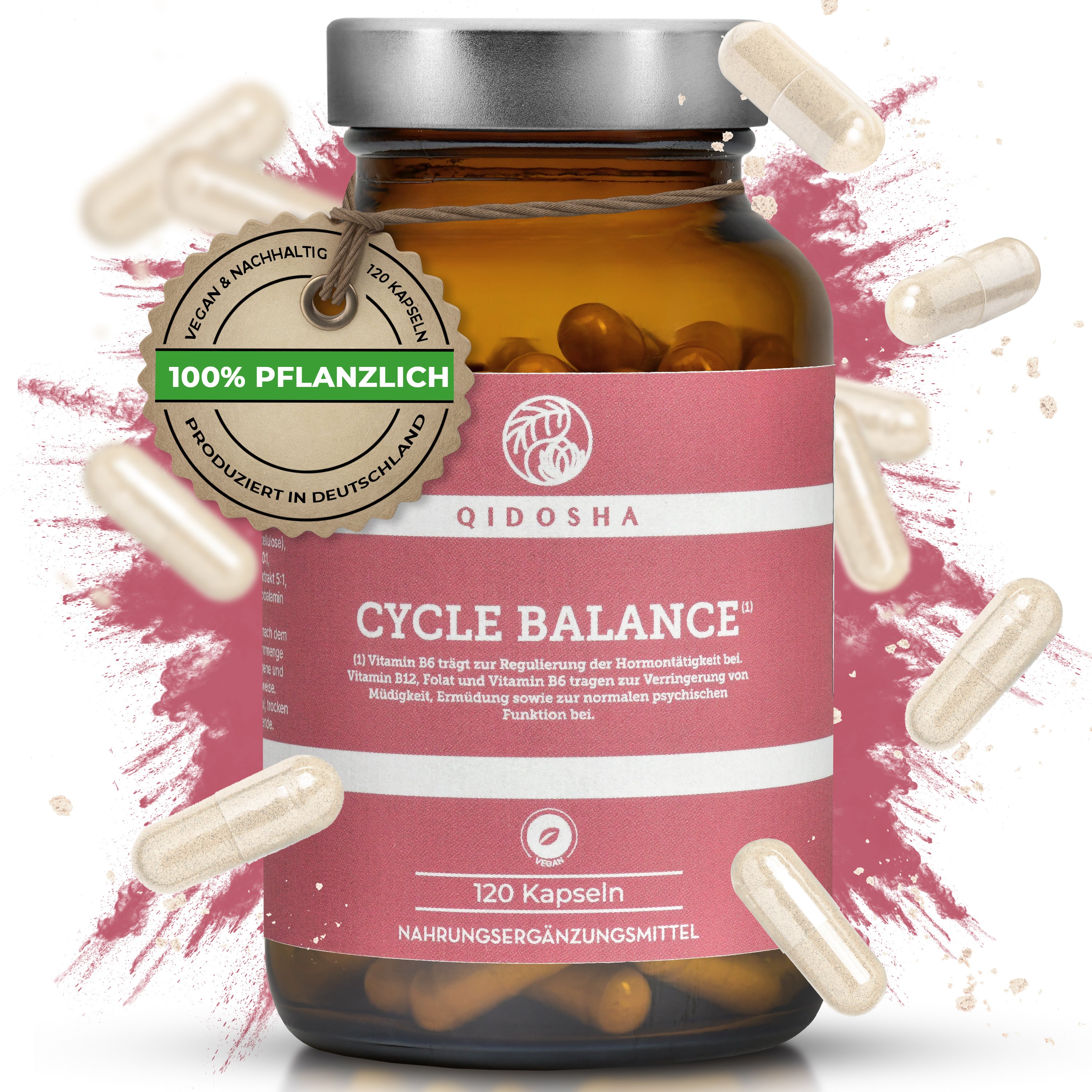 CYCLE BALANCE im Glas: Premium, laborgeprüfte Nahrungsergänzung von QIDOSHA, vegan und ohne Zusatzstoffe, unterstützt durch B-Vitamine die Hormonregulierung und Reduktion von Müdigkeit.