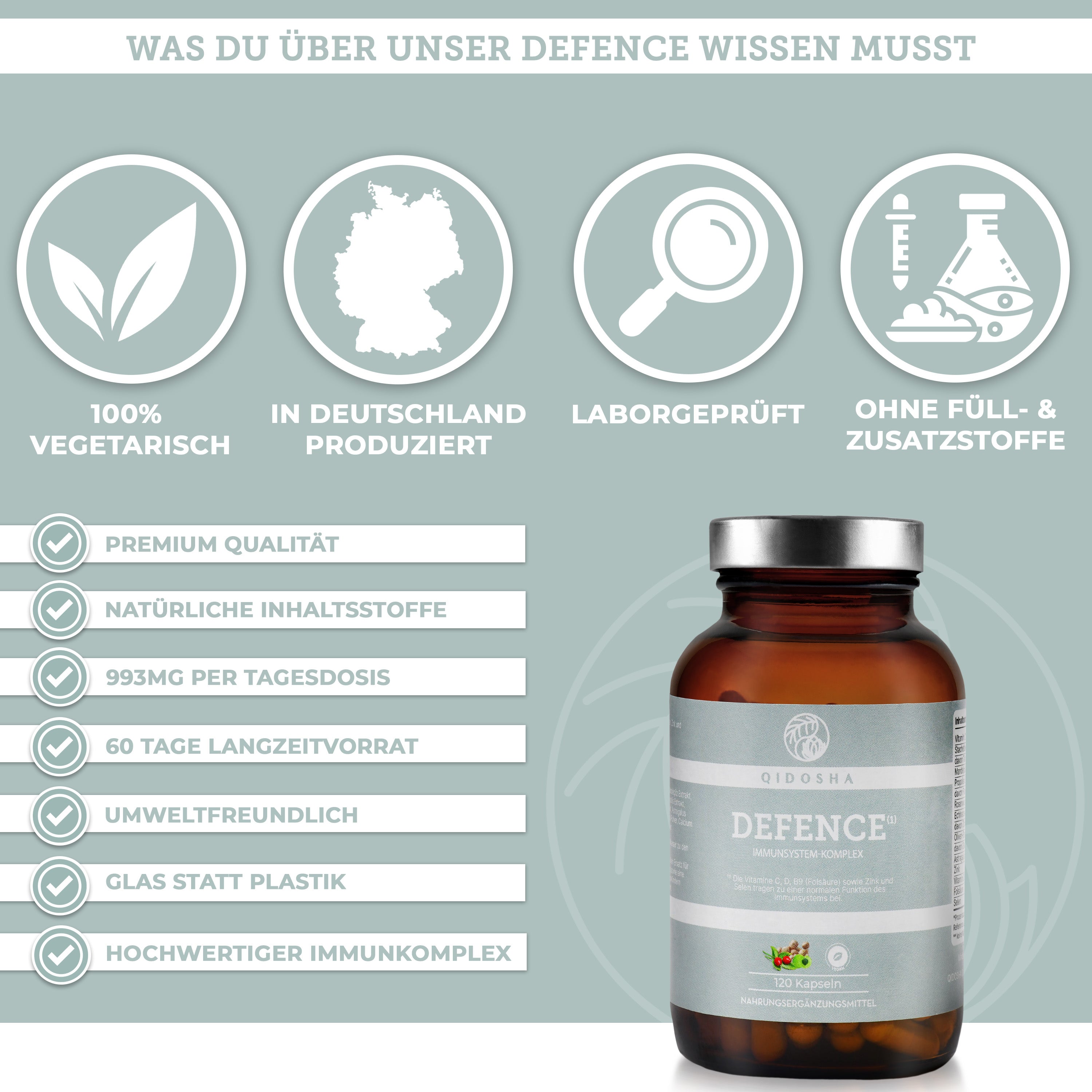 QIDOSHA DEFENCE² Immunsystem-Komplex: Premium, laborgeprüft, ohne Füllstoffe. Vegetarisch, in Deutschland produziert. Enthält Vitamine, Selen, Zink und pflanzliche Extrakte, 120 Kapseln im Glas.