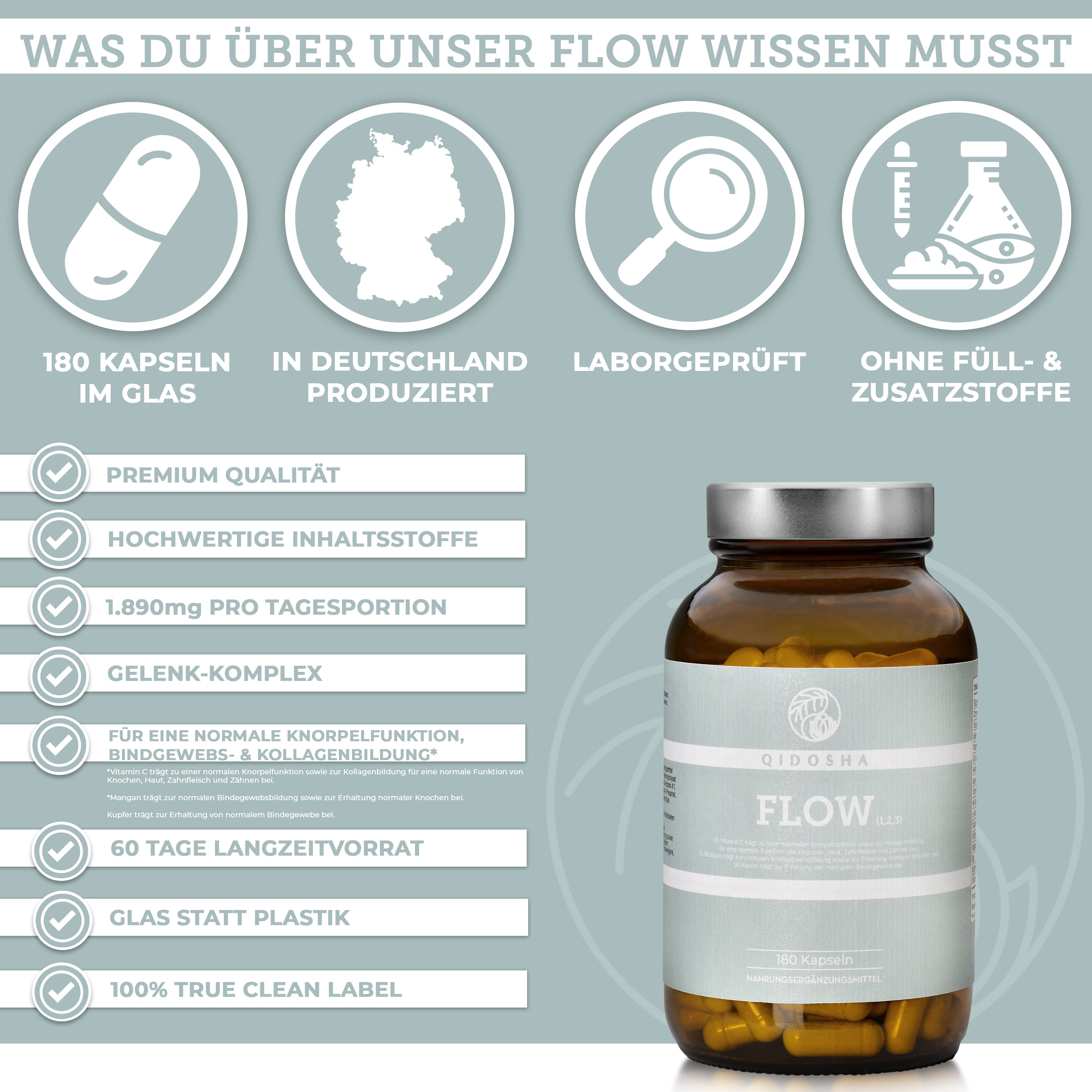 Werbung für FLOW von QIDOSHA: Glas mit 180 gelben Kapseln. Premium-Qualität, laborgeprüft, ohne Füllstoffe, unterstützt Knorpelfunktion, Bindegewebe und Kollagenbildung.