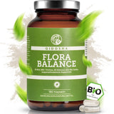 Braunes Glas mit grünem Label für QIDOSHA FLORA BALANCE Bakterien-Kulturen-Komplex, 180 vegane, magensaftresistente Kapseln. Premium Bio-Qualität, 30 Mrd. KBE/Portion, 20 Stämme.