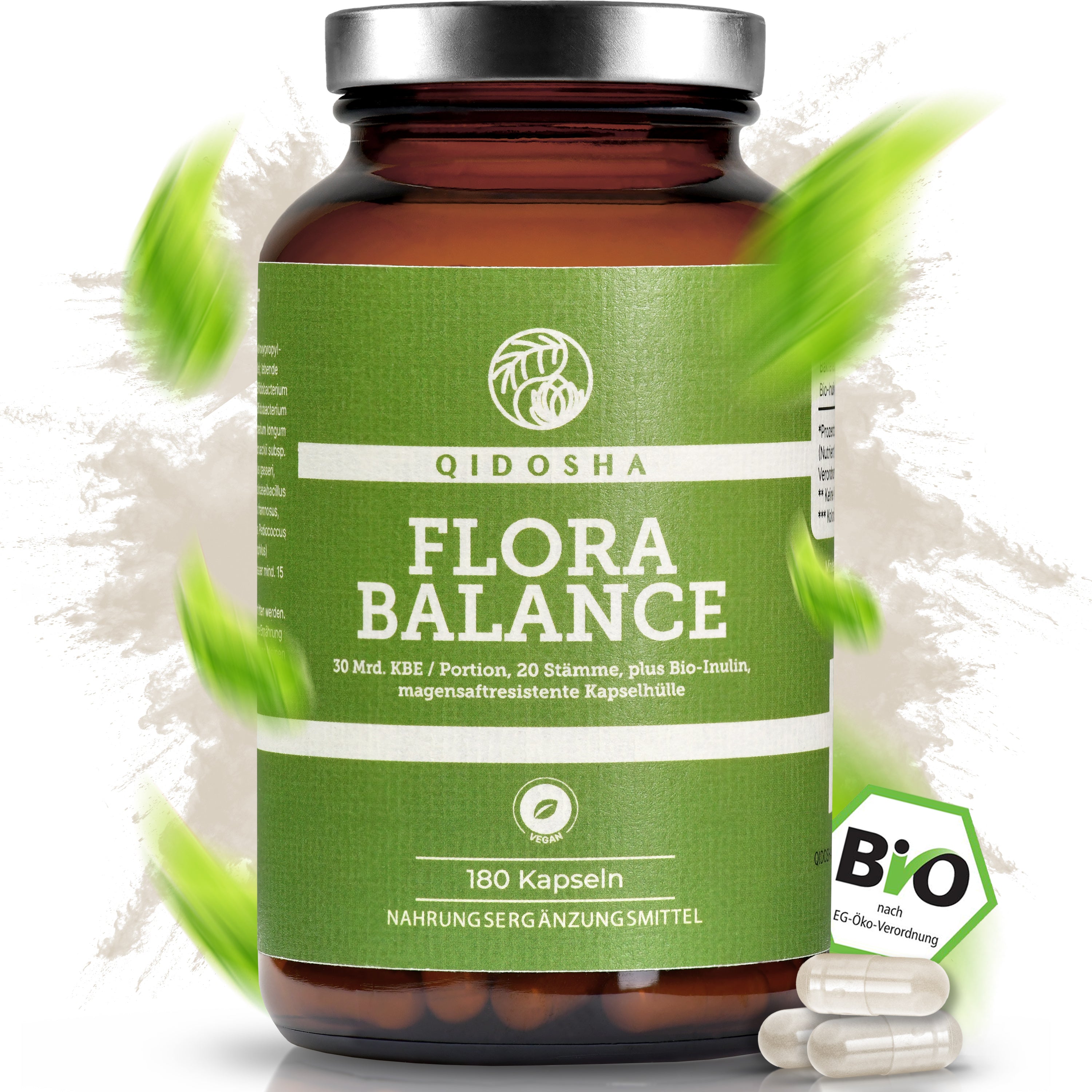 Braunes Glas mit grünem Label für QIDOSHA FLORA BALANCE Bakterien-Kulturen-Komplex, 180 vegane, magensaftresistente Kapseln. Premium Bio-Qualität, 30 Mrd. KBE/Portion, 20 Stämme.
