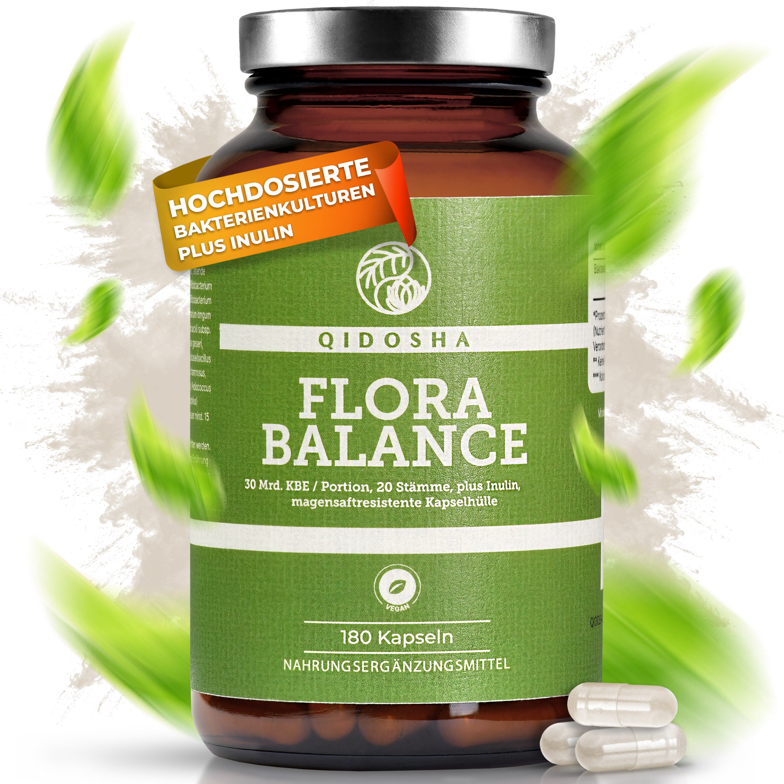 QIDOSHA FLORA BALANCE Bakterien-Kulturen-Komplex, Premium-Darmflora-Probiotikum mit 180 veganen, magensaftresistenten Kapseln, 20 Stämme, laborgeprüfte Qualität, enthält Inulin und keine Zusatzstoffe.