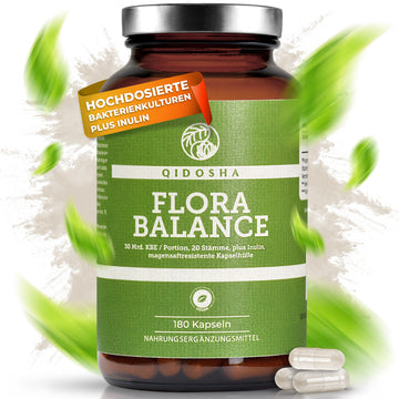 QIDOSHA FLORA BALANCE Bakterien-Kulturen-Komplex, Premium-Darmflora-Probiotikum mit 180 veganen, magensaftresistenten Kapseln, 20 Stämme, laborgeprüfte Qualität, enthält Inulin und keine Zusatzstoffe.