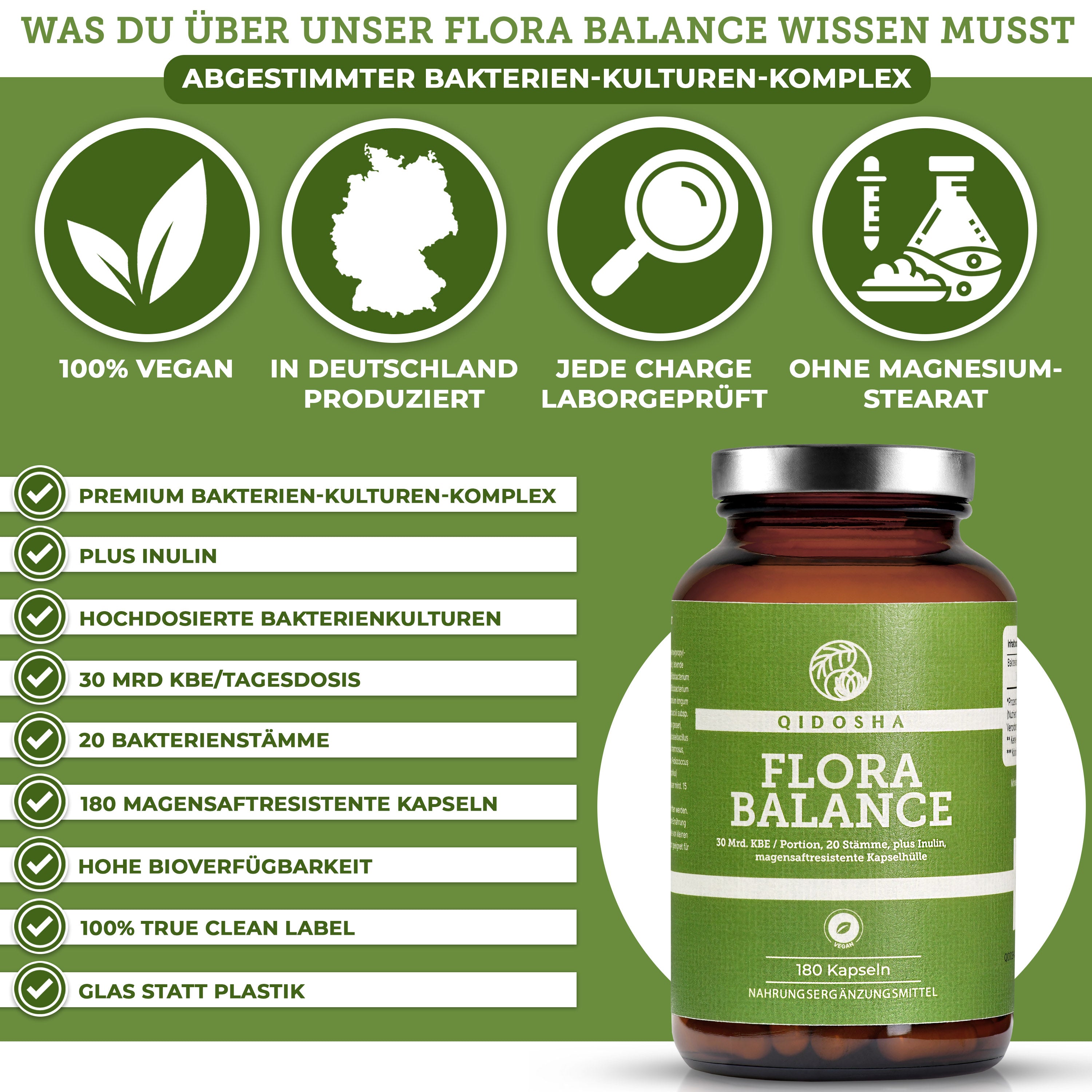 QIDOSHA FLORA BALANCE Bakterien-Kulturen-Komplex: Premium probiotisches Nahrungsergänzungsmittel mit 30 Mrd. KBE/Tagesdosis, 20 Stämme, Inulin, 180 magensaftresistente Kapseln, laborgeprüfte Qualität.