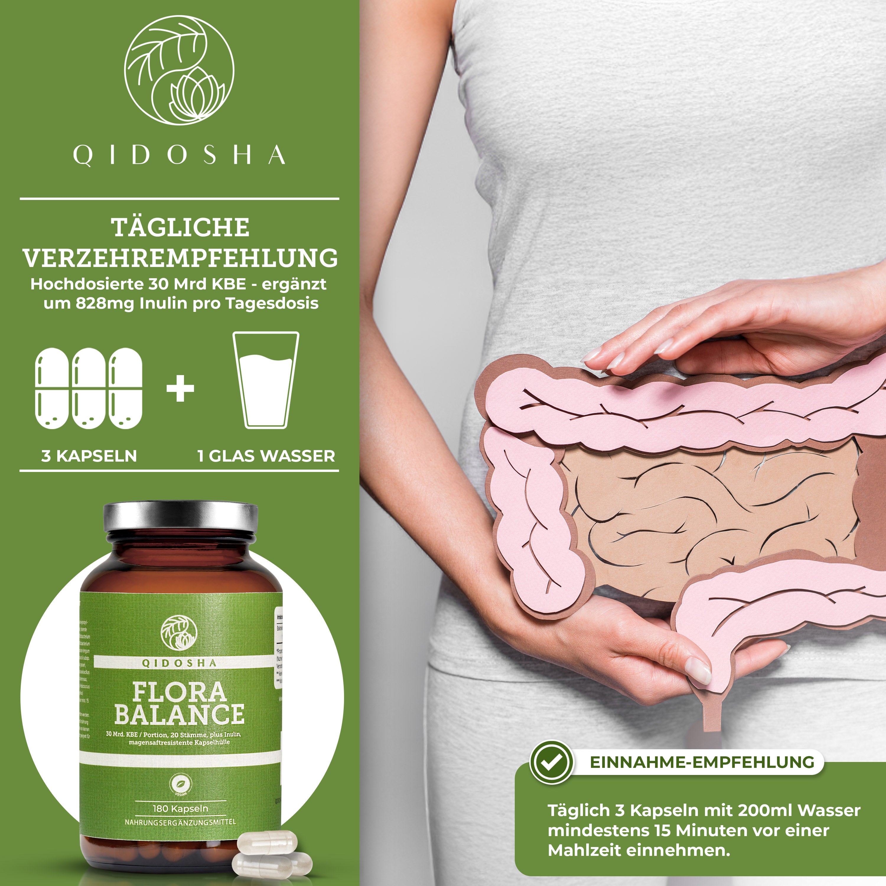 Qidosha Flora Balance Bakterien-Kulturen-Komplex, Premium-Darmflora-Ergänzung, 180 vegane, magensaftresistente Kapseln mit 30 Mrd KBE, Inulin, true clean label, laborgeprüfte Qualität.