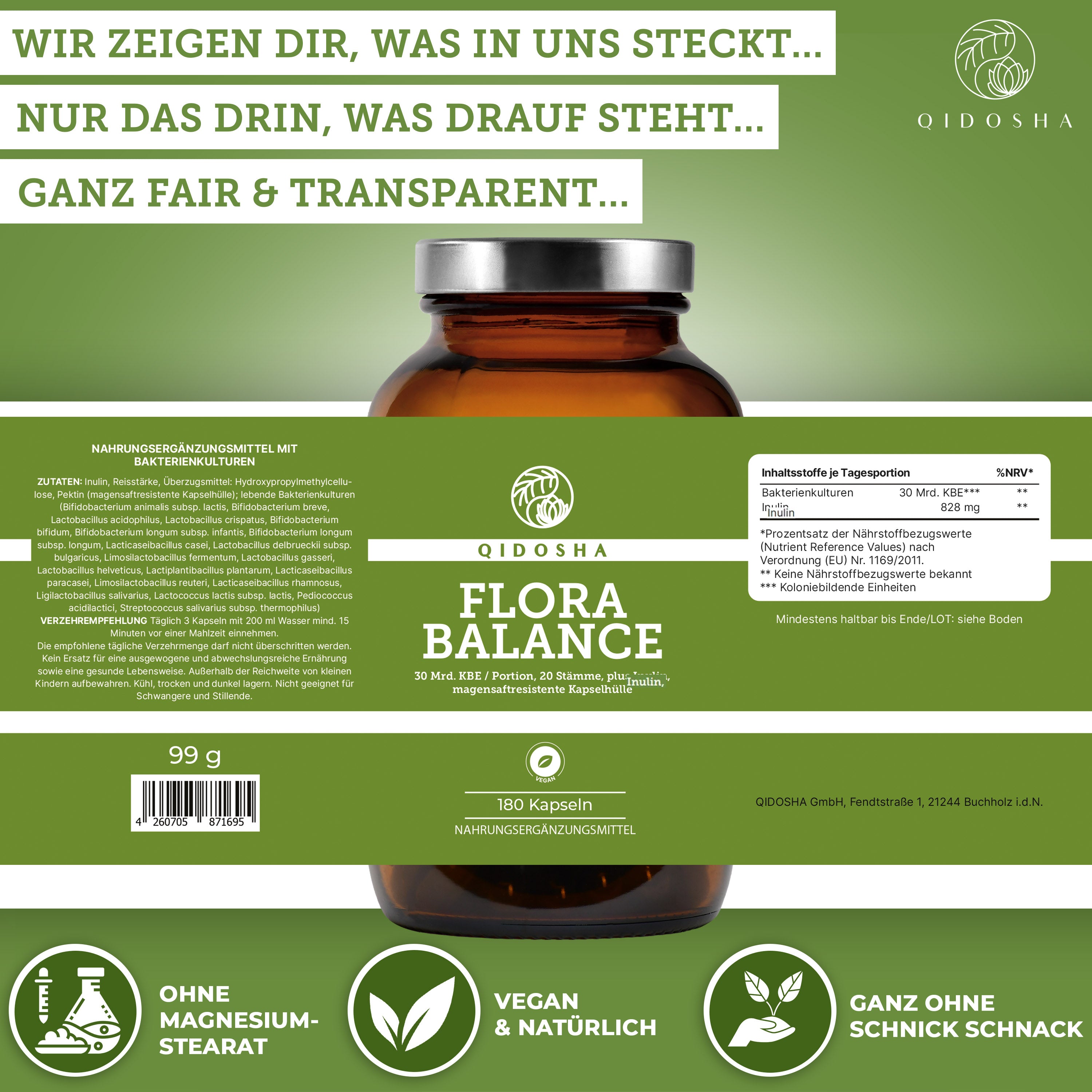 QIDOSHA Flora Balance Bakterien-Kulturen-Komplex: Premium Nahrungsergänzungsmittel in braunem Glas, 180 magensaftresistente Kapseln mit 20 probiotischen Stämmen und Inulin, vegan, laborgeprüfte Qualität.