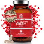 Granatapfel-Extrakt im Glas: Premium, vegan, laborgeprüft, ohne Füllstoffe, enthält 180 Kapseln mit 70% Ellagsäure, nachhaltige Verpackung.