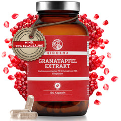 Granatapfel-Extrakt im Glas: Premium, vegan, laborgeprüft, ohne Füllstoffe, enthält 180 Kapseln mit 70% Ellagsäure, nachhaltige Verpackung.