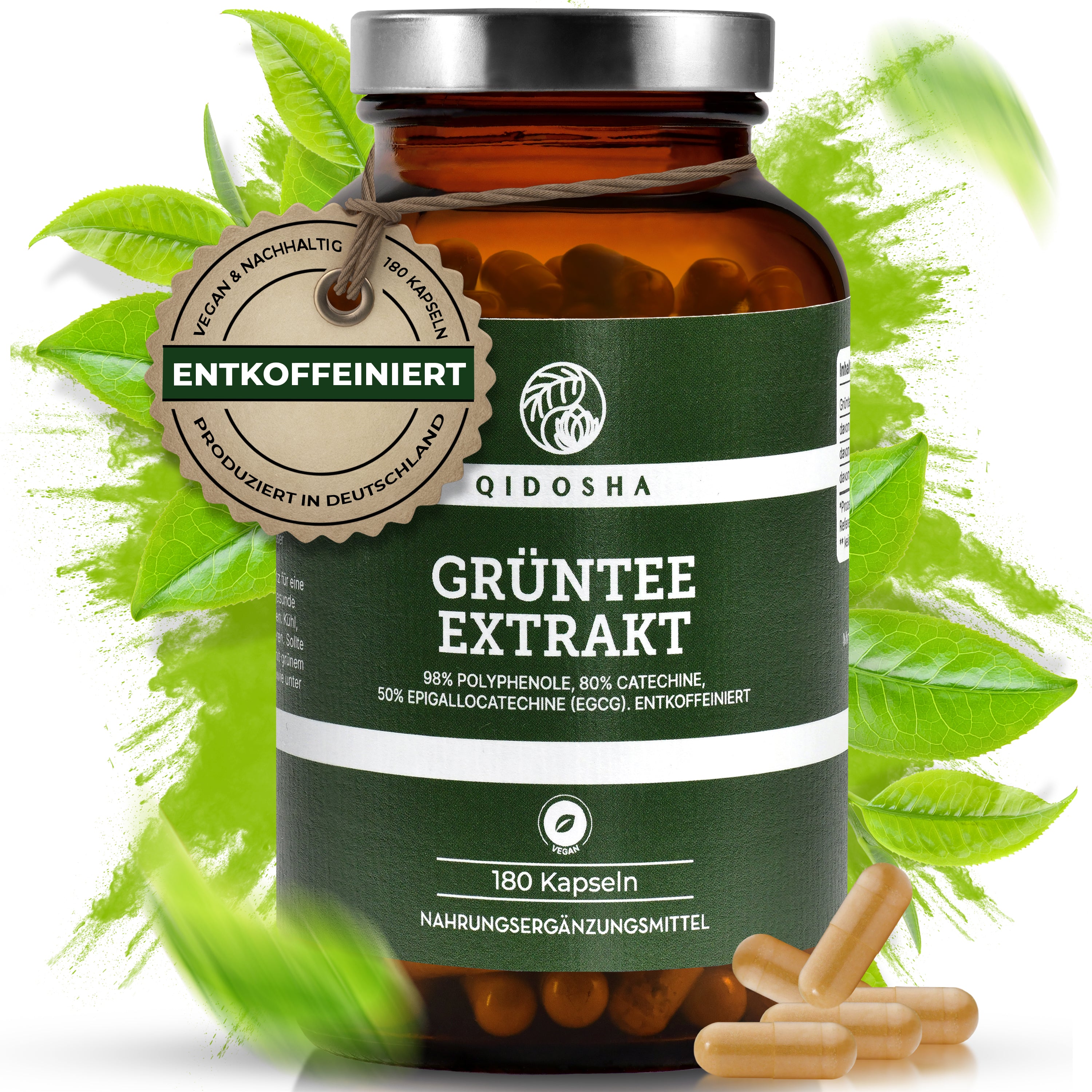 Grüntee-Extrakt (entkoffeiniert) von Qidosha: Premium, vegan, 180 Kapseln, 98% Polyphenole, 50% EGCG, ohne Füllstoffe, in nachhaltigem Glas, laborgeprüft, hergestellt in Deutschland.