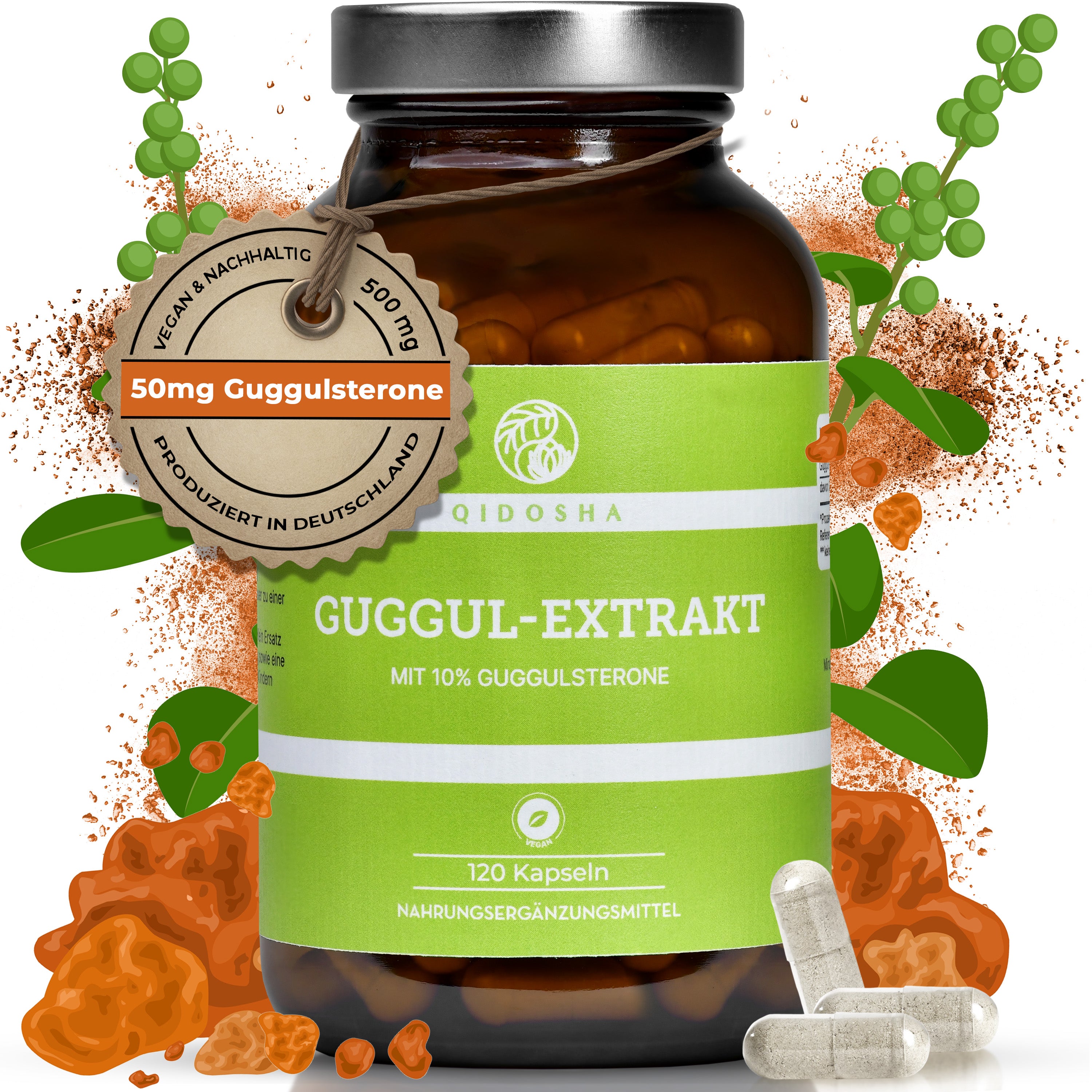 Guggul-Extrakt im Glas: Premium, laborgeprüfter Guggul-Extrakt (10% Guggulsterone), 120 vegane Kapseln, ohne Füllstoffe, nachhaltig produziert in Deutschland.