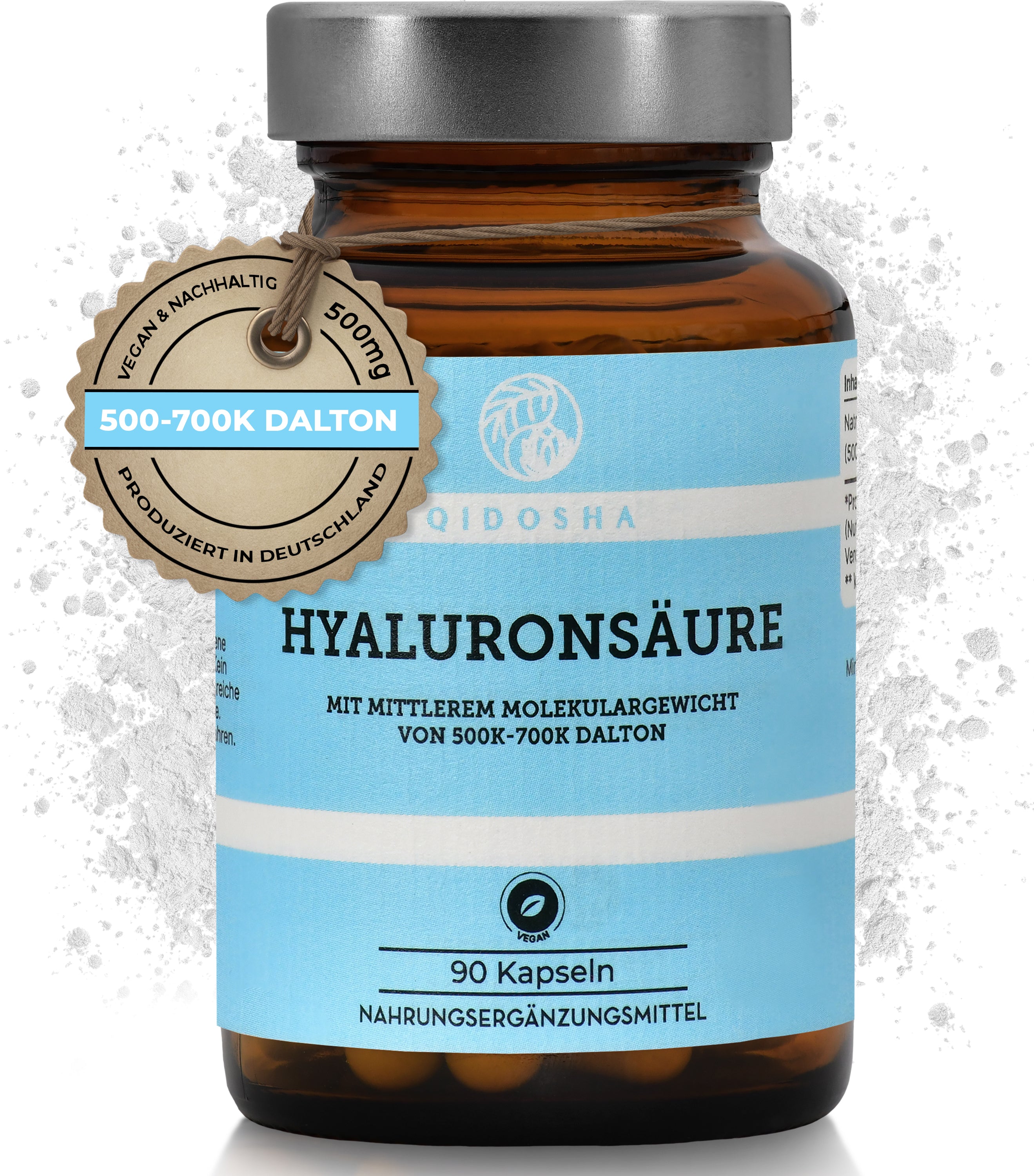 Hyaluronsäure (mittleres Molekulargewicht) im Glas: 90 vegane, hochreine Kapseln mit 500 mg, laborgeprüft, true clean label, nachhaltig in Deutschland produziert, ohne Zusatzstoffe.
