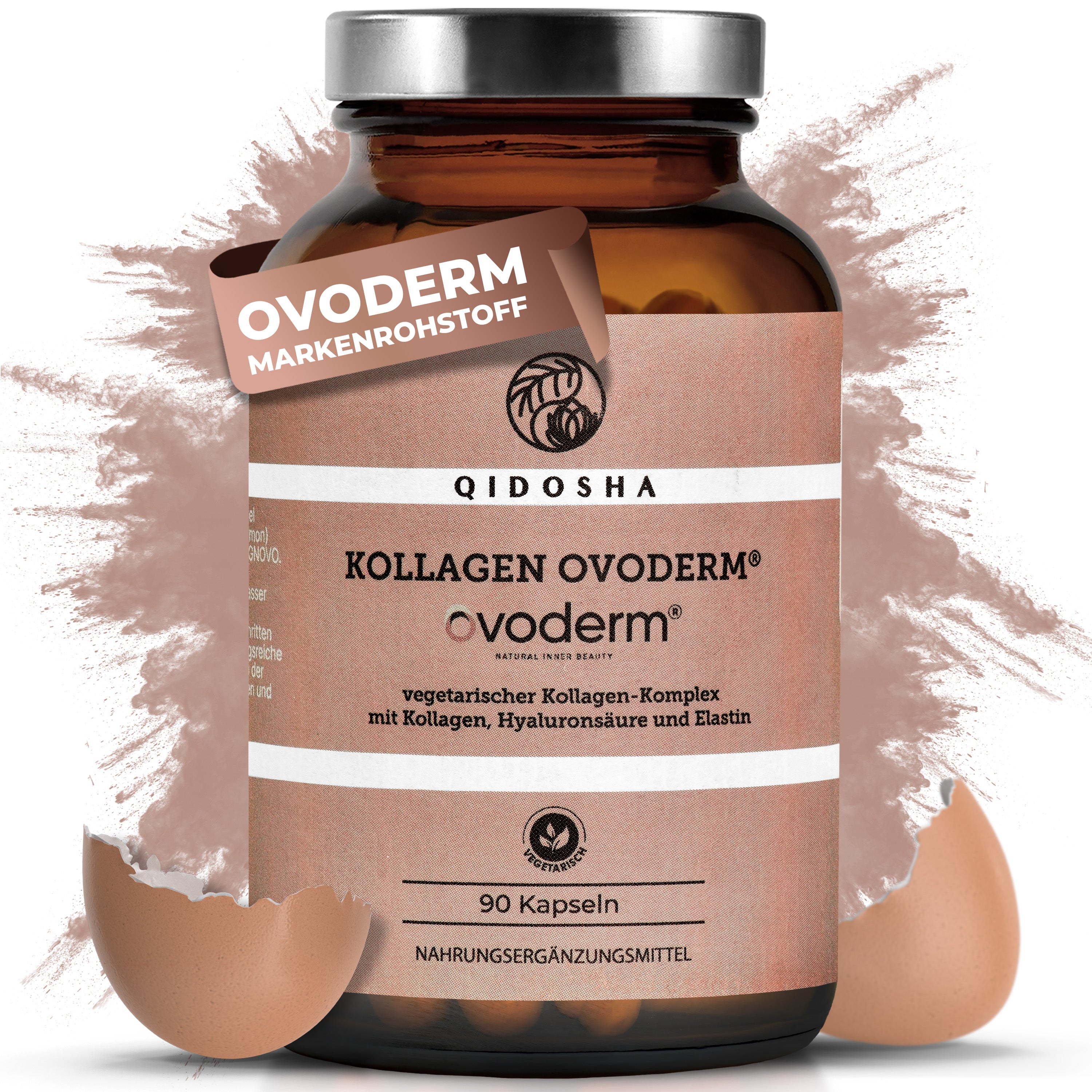Ovoderm® Kollagen (vegetarisch) in braunem Glas, 90 Kapseln. Enthält hochwertige, laborgeprüfte Inhaltsstoffe: Kollagen, Elastin, Hyaluronsäure. Premium Nahrungsergänzung ohne Füllstoffe.