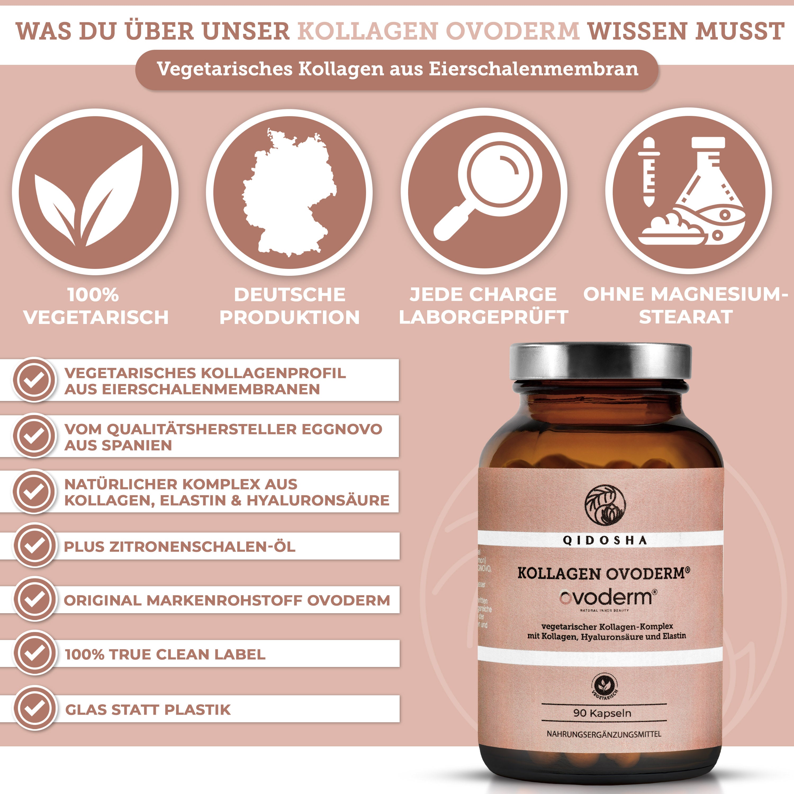 Kollagen Ovoderm® (vegetarisch) von QIDOSHA: Premium-Kollagenkomplex aus Eierschalenmembran, 90 Kapseln, laborgeprüfte Qualität, ohne Füllstoffe, in umweltfreundlichem Glas.