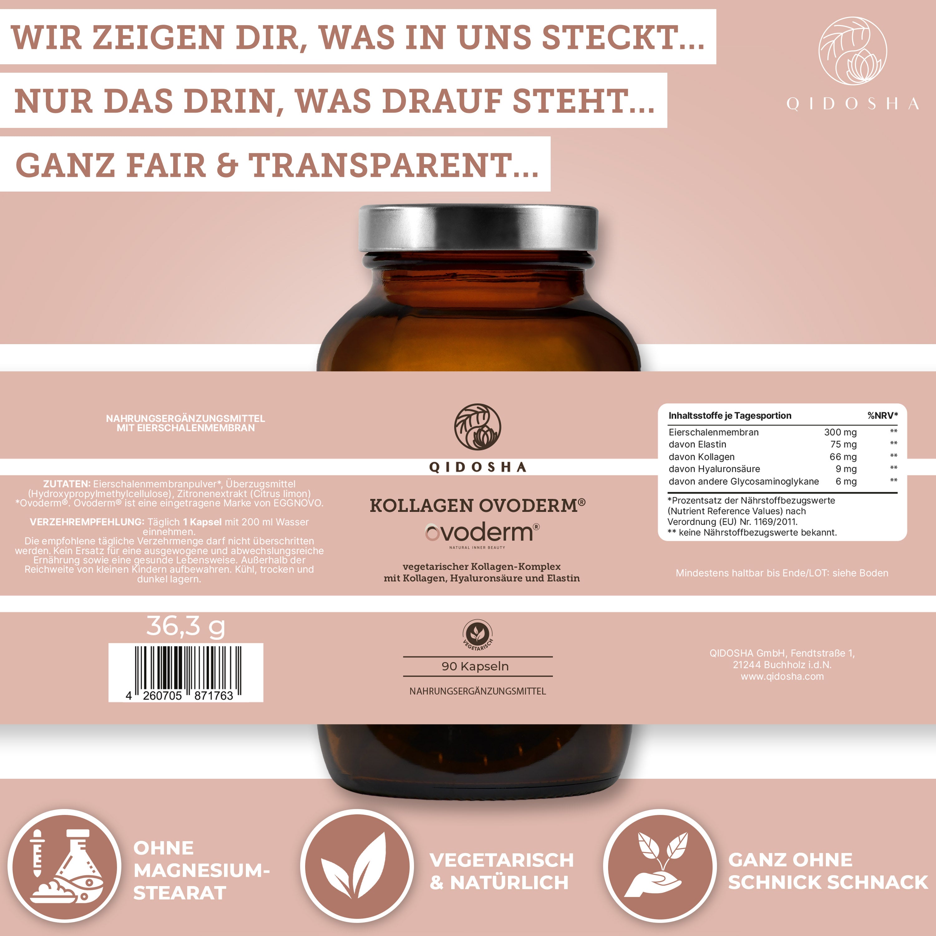 Ovoderm® Kollagen (vegetarisch) in braunem Glas, Premium-Nahrungsergänzungsmittel mit Eierschalenmembran, Elastin und Hyaluronsäure, frei von Zusatzstoffen, laborgeprüfte Qualität.
