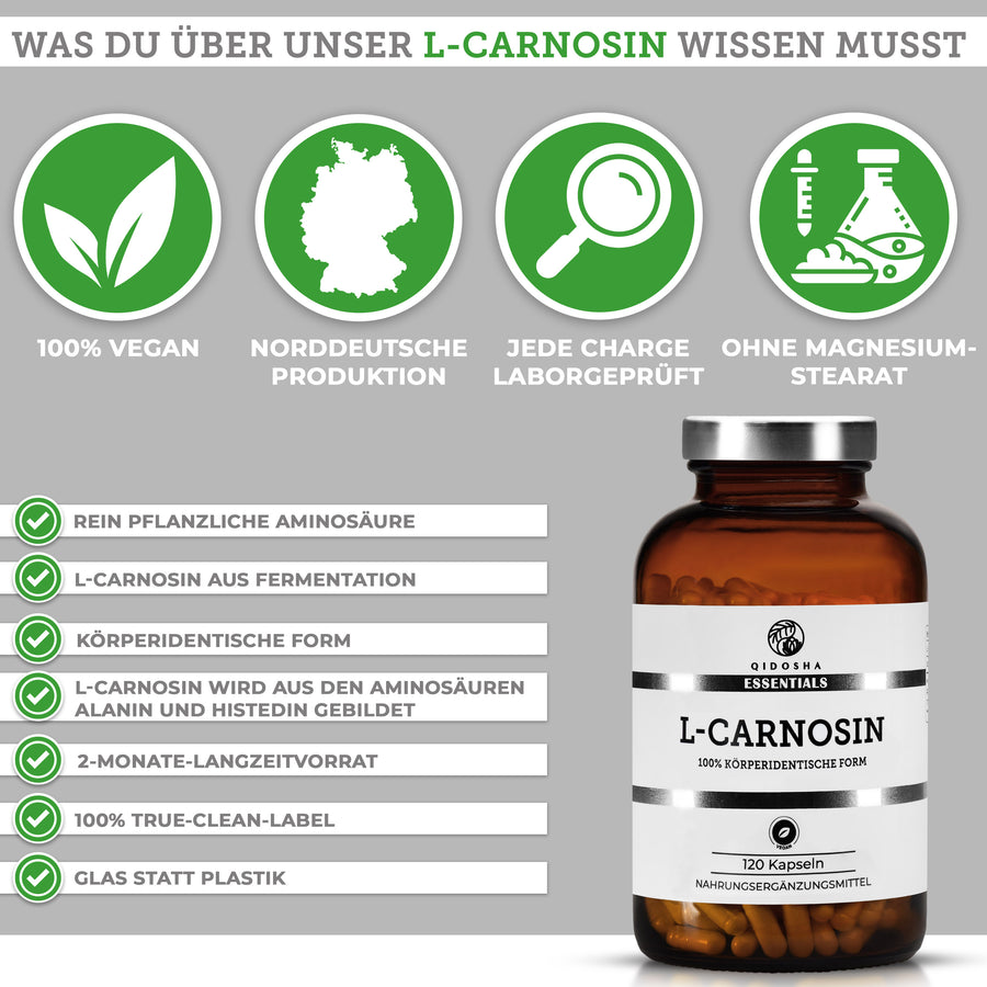 L-Carnosin: Premium, laborgeprüftes Nahrungsergänzungsmittel von Qidosha Essentials, 100 % vegan, ohne Zusatzstoffe, in Braunglasflasche, hergestellt in Norddeutschland, 120 Kapseln.