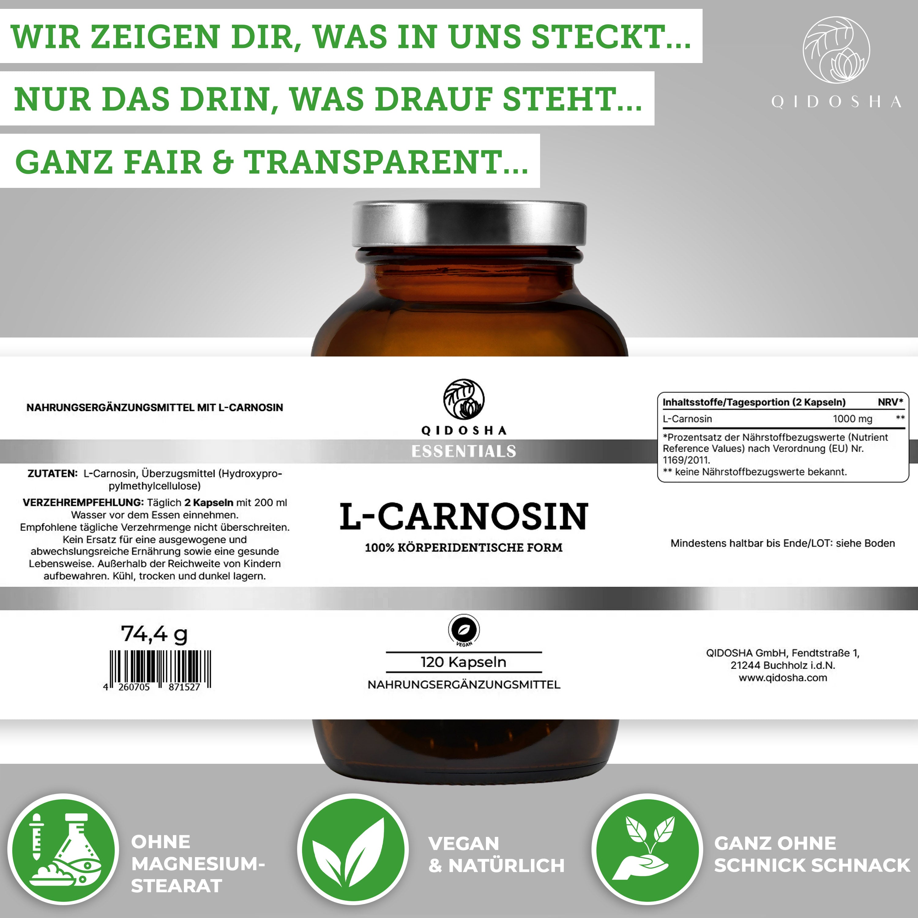QIDOSHA ESSENTIALS L-Carnosin: Premium, vegan, laborgeprüftes Nahrungsergänzungsmittel im Glas. 120 Kapseln, 1000 mg L-Carnosin täglich; ohne Füllstoffe, true clean label.
