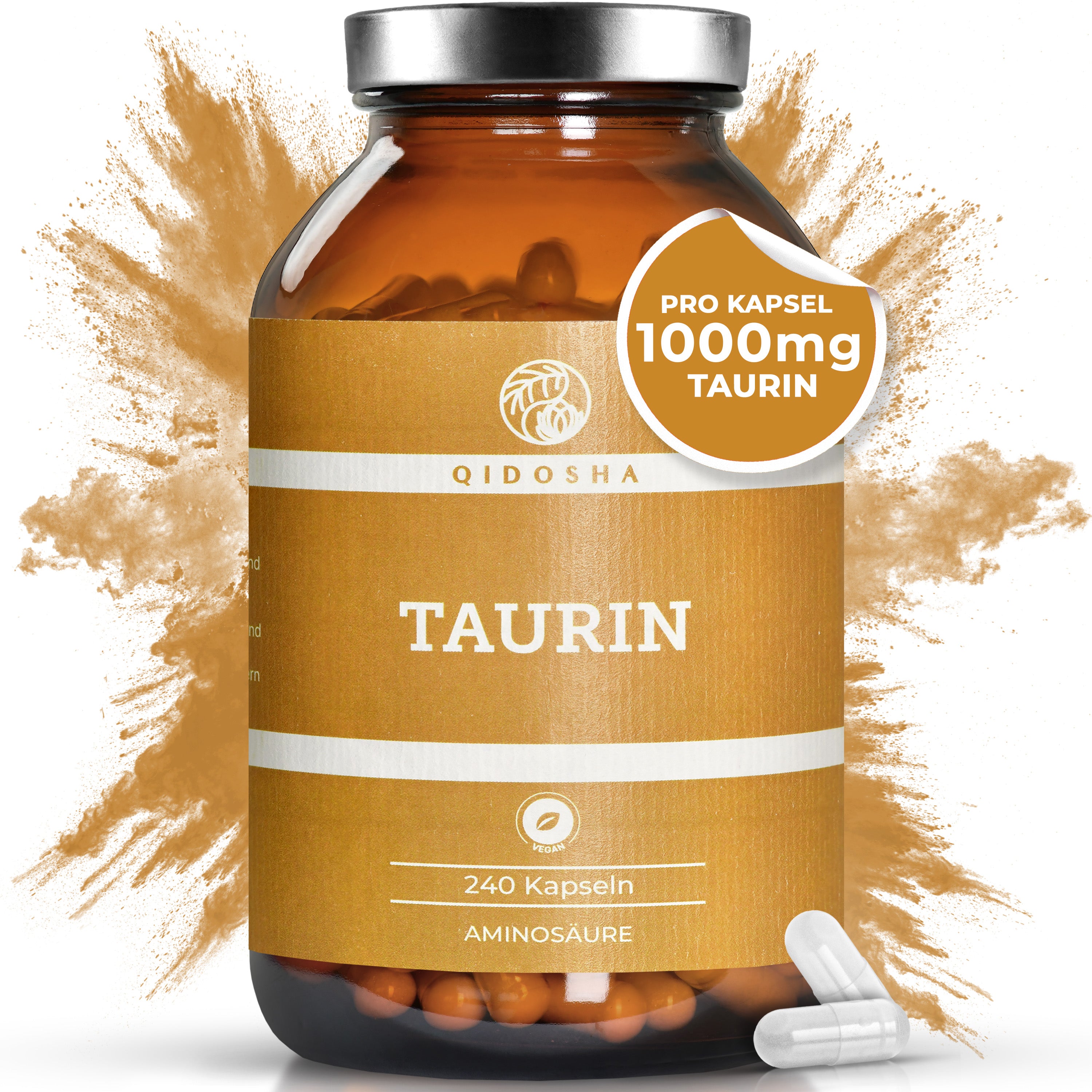 Qidosha Taurin: Hochdosierte, vegane Premium-Kapseln (240 Stück) in lichtgeschütztem Glas, 1000 mg je Kapsel, laborgeprüfte Reinheit, hergestellt in Deutschland, ohne Füllstoffe.