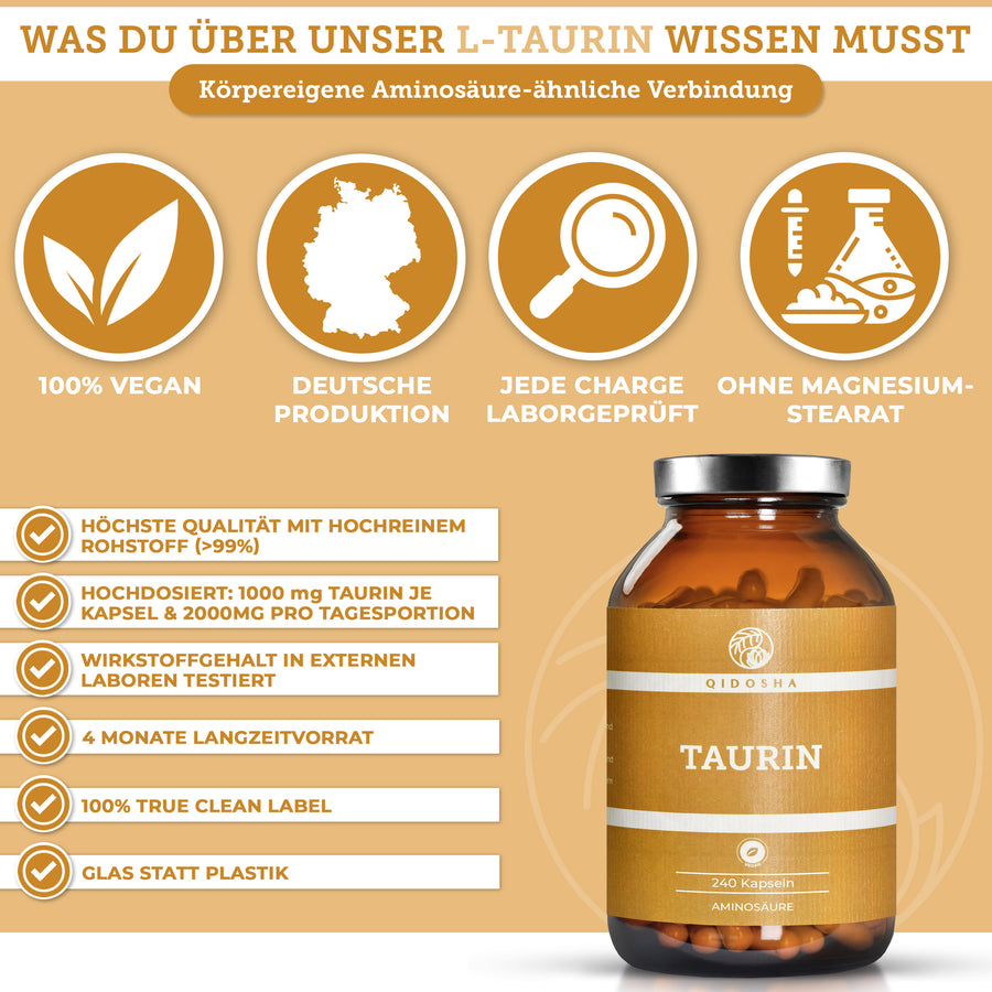 Qidosha Taurin: Premium L-Taurin Supplement, 100% vegan, hochdosiert, laborgeprüft, ohne Magnesiumstearat, in Glasflasche. Made in Germany, höchste Reinheit und Qualität.
