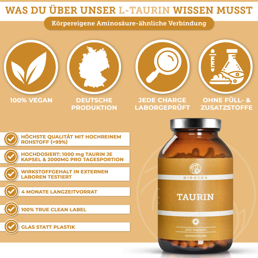 QIDOSHA L-Taurin Kapseln: Premium, hochdosiert und vegan. 100% laborgeprüfte Qualität, ohne Füll- oder Zusatzstoffe. 240 Kapseln im lichtgeschützten Braunglas, deutsche Herstellung.