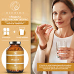 QIDOSHA Taurin Premium-Nahrungsergänzung: 240 vegane Kapseln, 1000 mg pro Kapsel, laborgeprüfte Qualität, ohne Zusatzstoffe, lichtgeschützte Glasverpackung. Empfohlene Tagesdosis: 2 Kapseln.