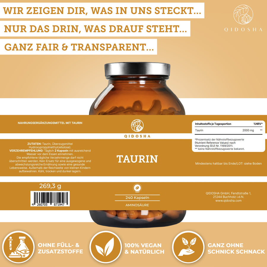 QIDOSHA Taurin: Premium-Taurin-Kapseln im lichtgeschützten Glas, 240 vegane Kapseln, 1000 mg pro Stück, ohne Füll- oder Zusatzstoffe, laborgeprüfte Qualität.