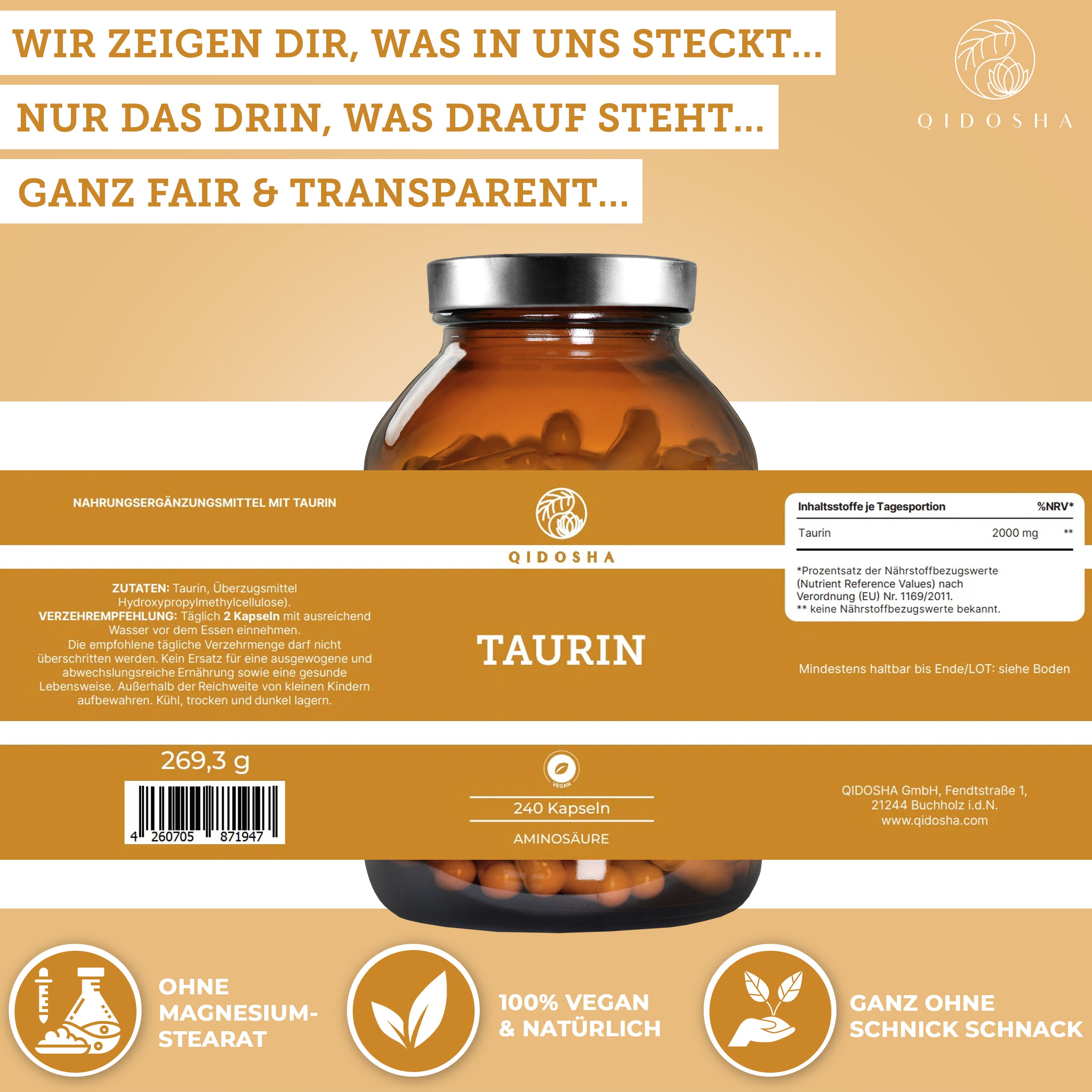 QIDOSHA Taurin: Premium, 240 vegane Kapseln, 1000 mg je Kapsel, ohne Füll- oder Zusatzstoffe, laborgeprüft. Hochreines Produkt, in Deutschland hergestellt, nachhaltige Glasverpackung.