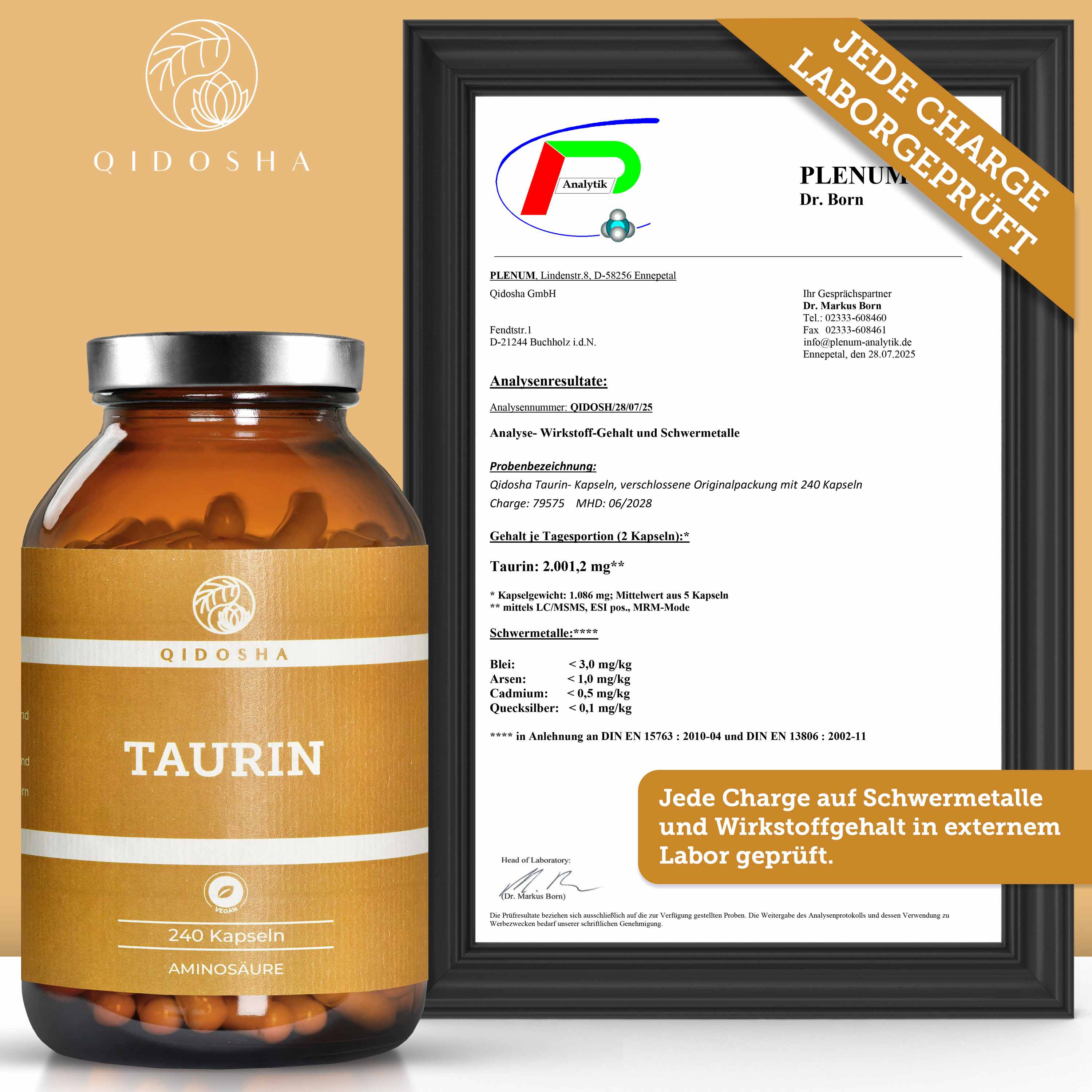 Qidosha Taurin: Premium-Nahrungsergänzungsmittel mit 240 veganen Kapseln. Laborgeprüfte Qualität, hohe Reinheit ohne Zusatzstoffe, in lichtgeschütztem Glas.