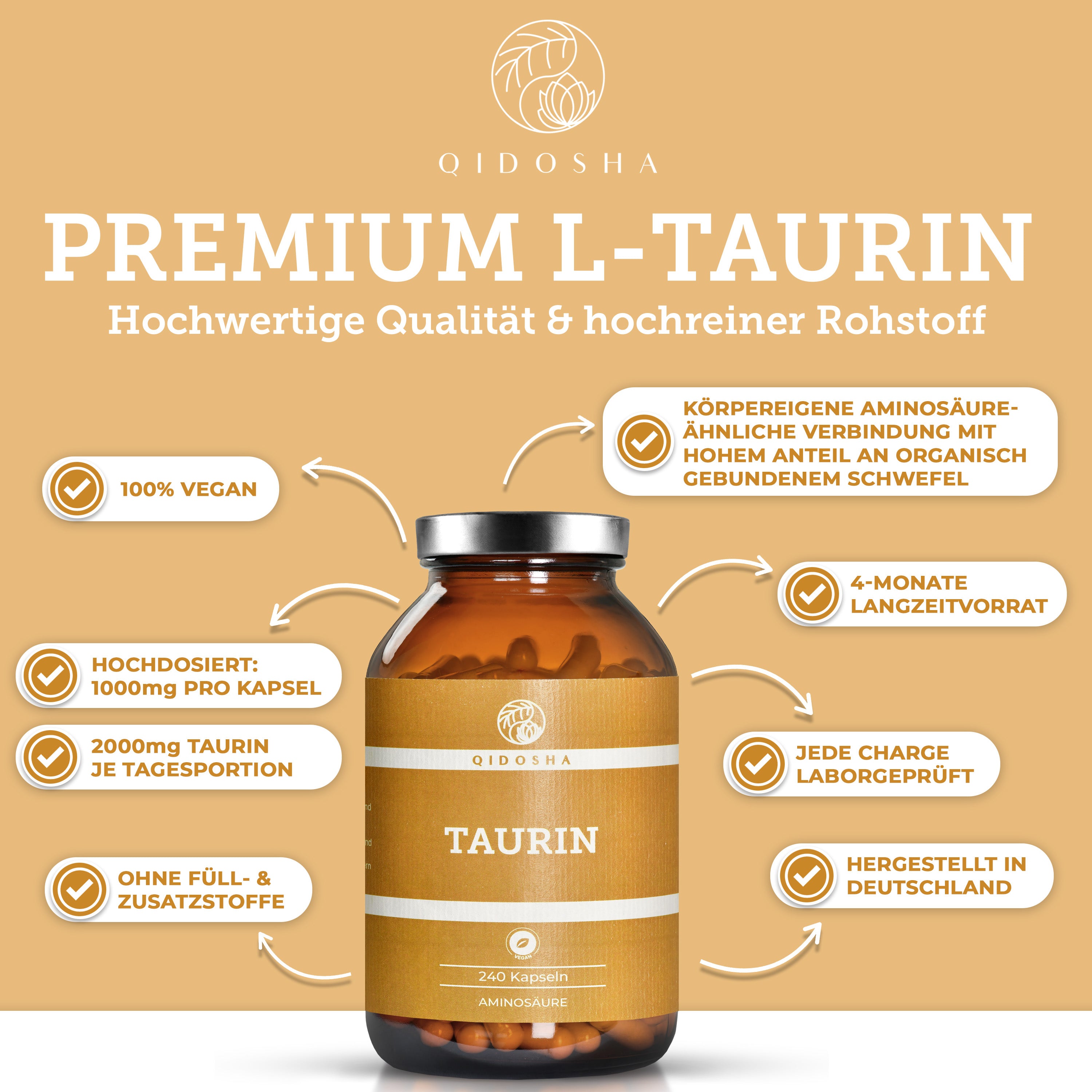 QIDOSHA Premium L-Taurin: 240 vegane Kapseln, 1000 mg Taurin pro Kapsel, laborgeprüft, ohne Füll- oder Zusatzstoffe, in Glasverpackung, hergestellt in Deutschland.