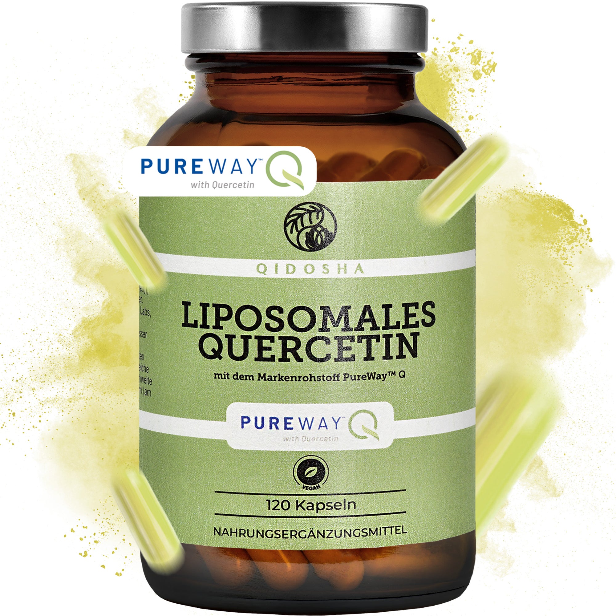 Quercetin liposomal mit dem Markenrohstoff PureWay™ Q in einem braunen Glas, 120 vegane Kapseln, hohe Bioverfügbarkeit, ohne Füllstoffe, laborgeprüfte Premium-Qualität.