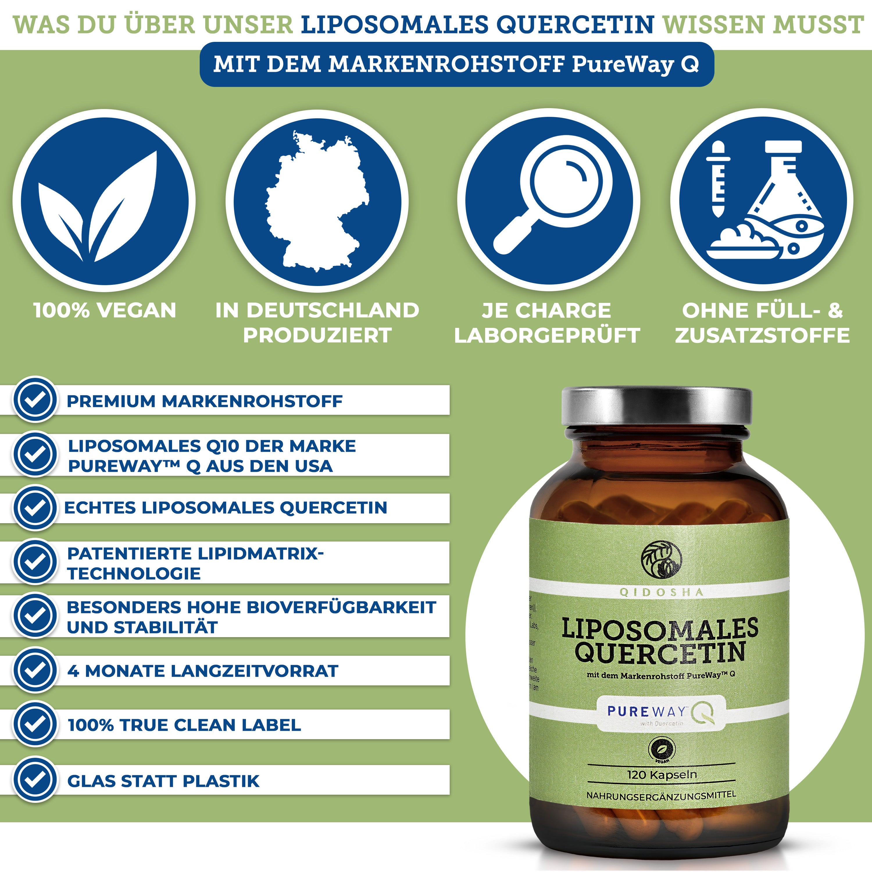 Quercetin liposomal mit PureWay™ Q: Premium Nahrungsergänzungsmittel in Glas, 100% vegan, laborgeprüft, ohne Füllstoffe, hohe Bioverfügbarkeit, hergestellt in Deutschland, 120 Kapseln.
