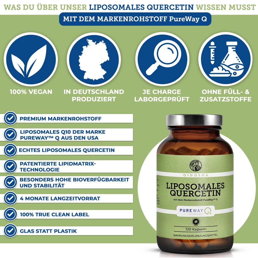 Quercetin liposomal mit PureWay™ Q: Premium Nahrungsergänzungsmittel in Glas, 100% vegan, laborgeprüft, ohne Füllstoffe, hohe Bioverfügbarkeit, hergestellt in Deutschland, 120 Kapseln.