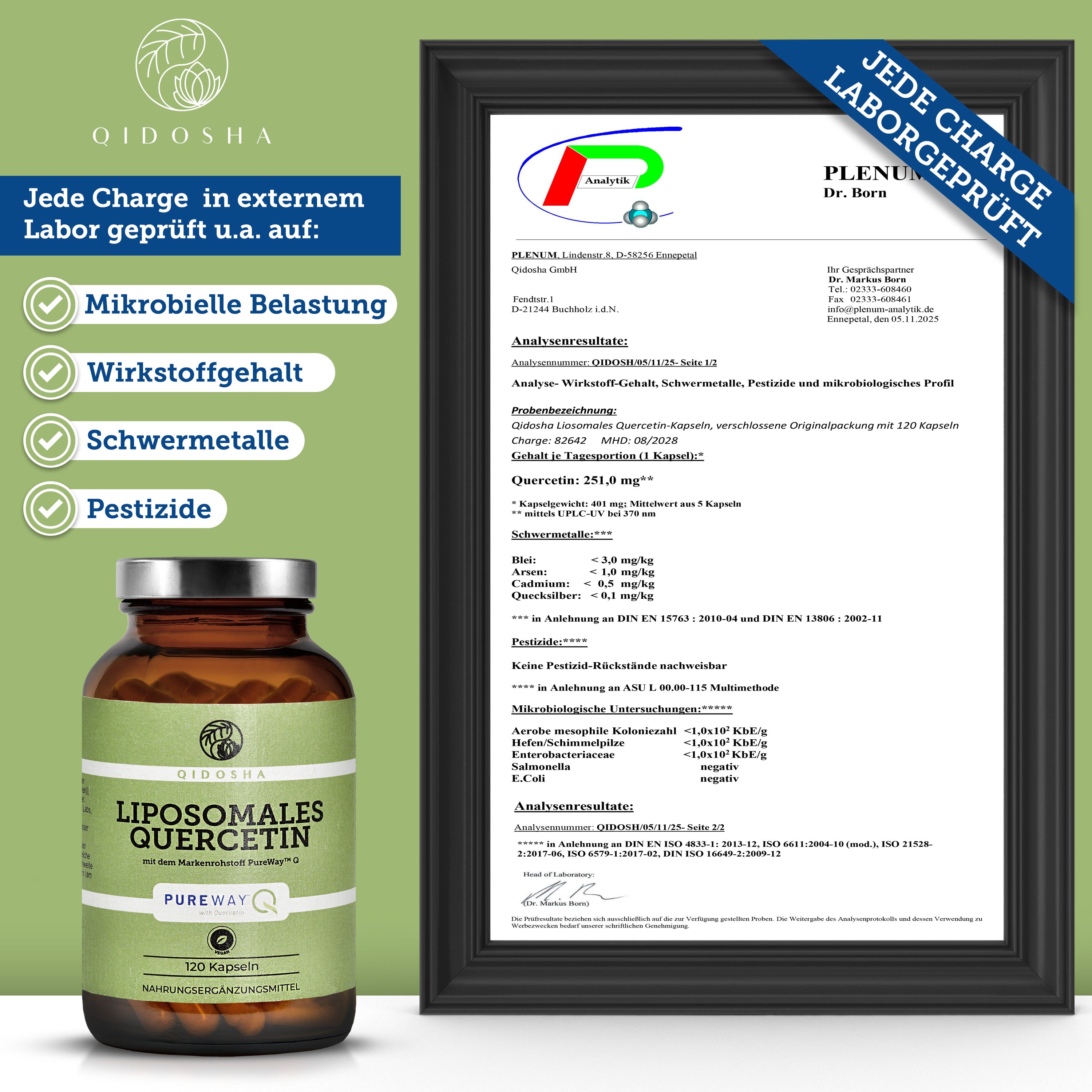 Liposomales Quercetin mit PureWay™ Q, im braunen Glas mit grünem Etikett, laborgeprüft auf Reinheit und Sicherheit, ohne Füllstoffe, Premium-Nahrungsergänzungsmittel von QIDOSHA.