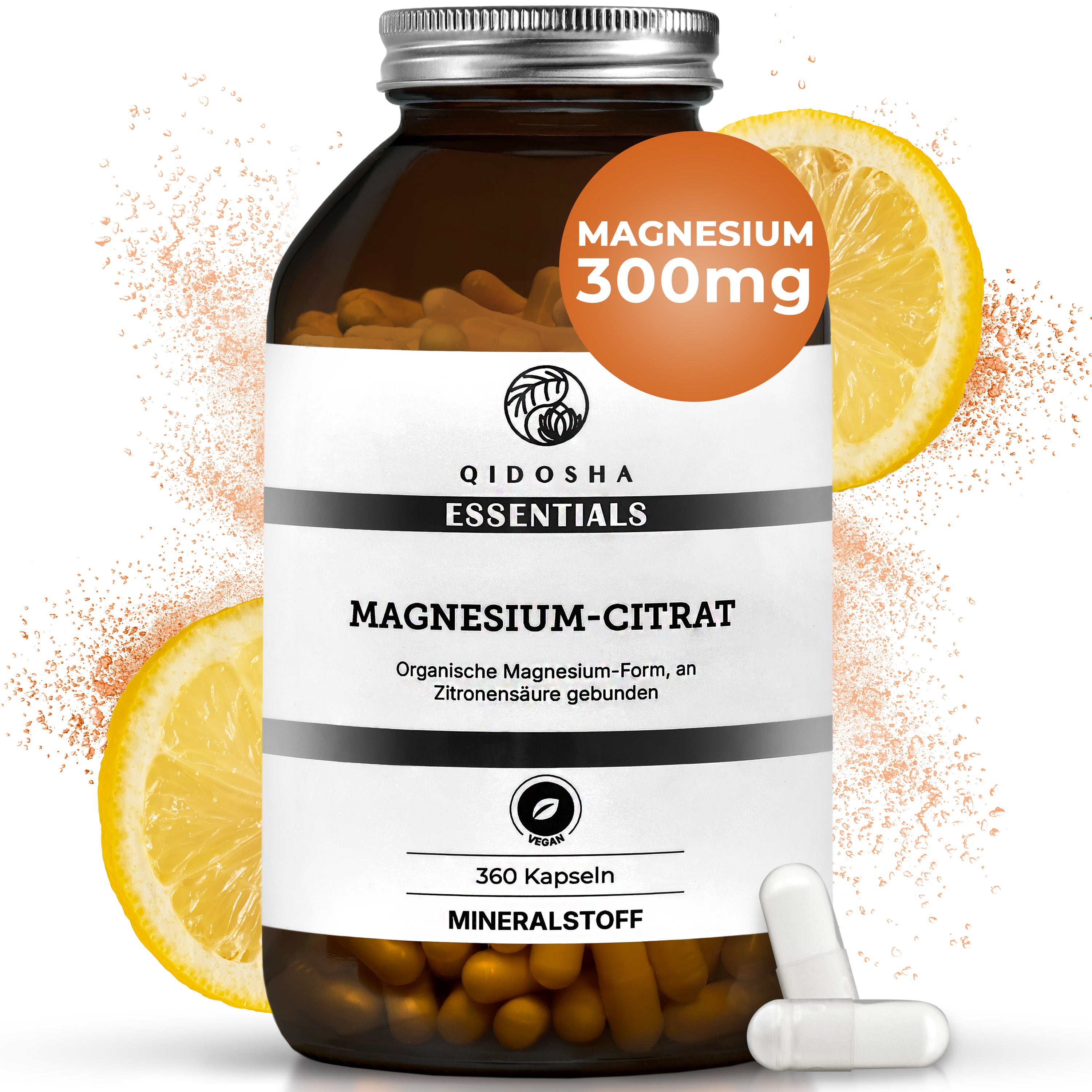 Qidosha Essentials Magnesium-Citrat Flasche mit 360 veganen Kapseln, 300 mg pro Portion. Gerahmt von Zitronenscheiben, betont organisches, laborgeprüftes Premium-Produkt ohne Zusatzstoffe.